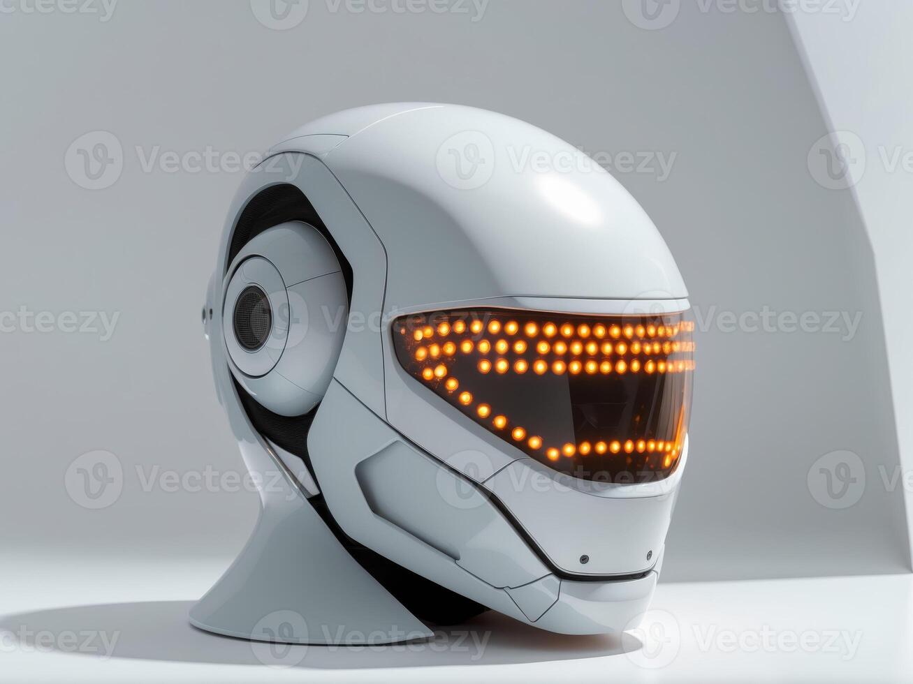 A white robot head with orange lights on it photo