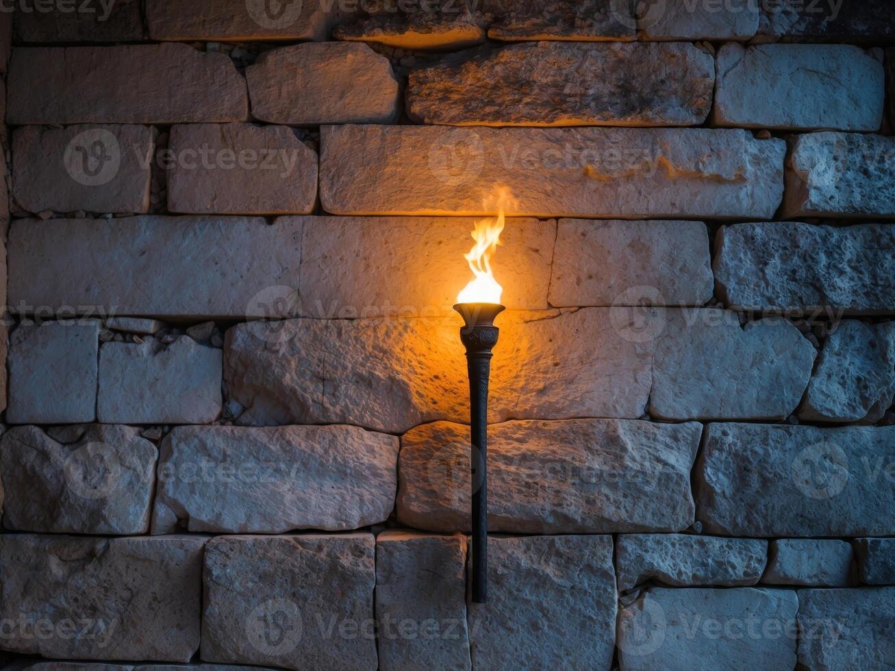 A torch is lit on a stone wall photo
