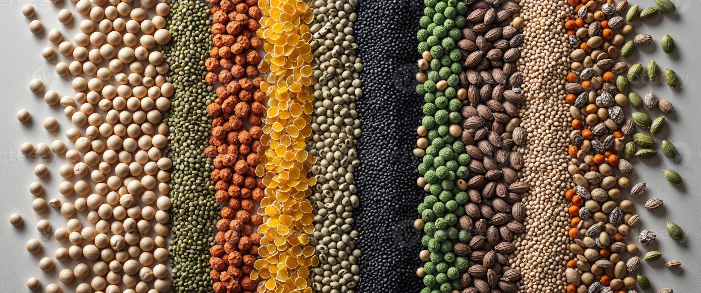 A variety of different types of seeds are arranged in a row photo