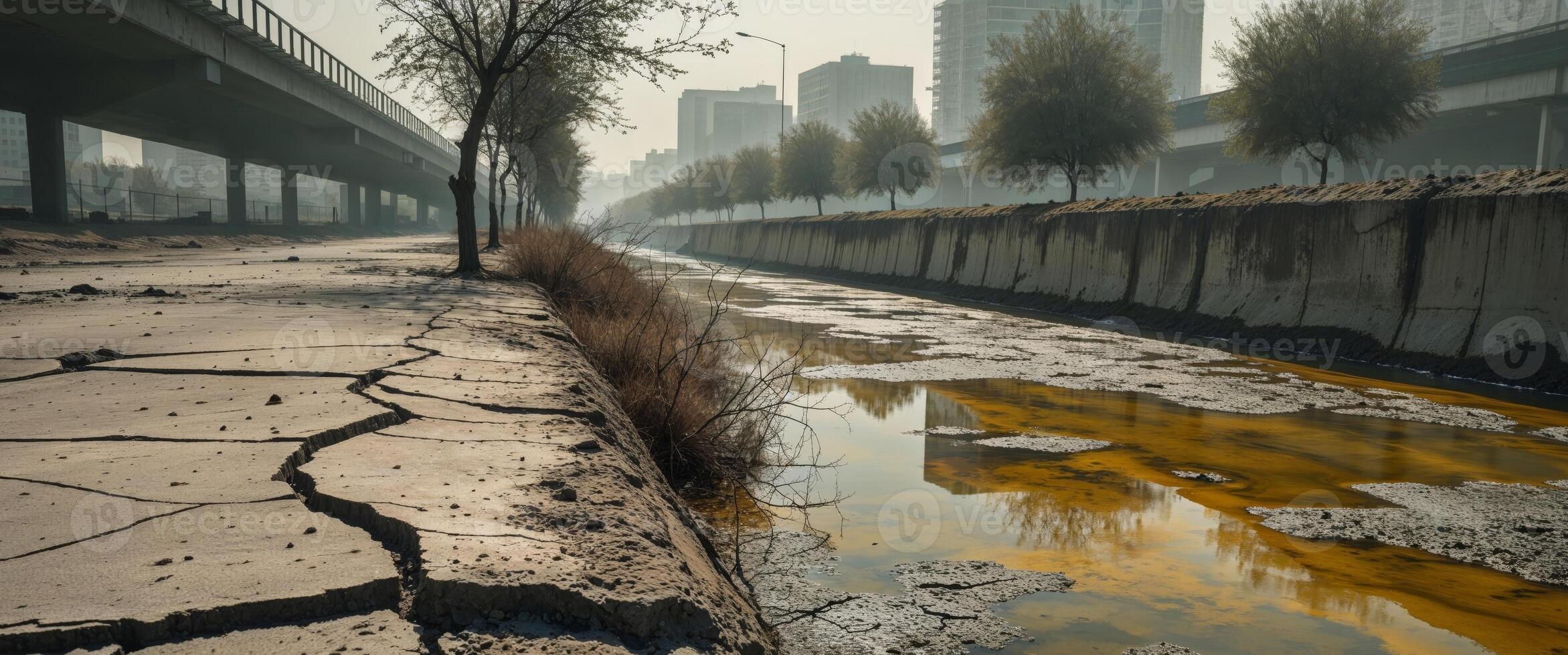 A city street with a crack in the ground and a yellow water photo