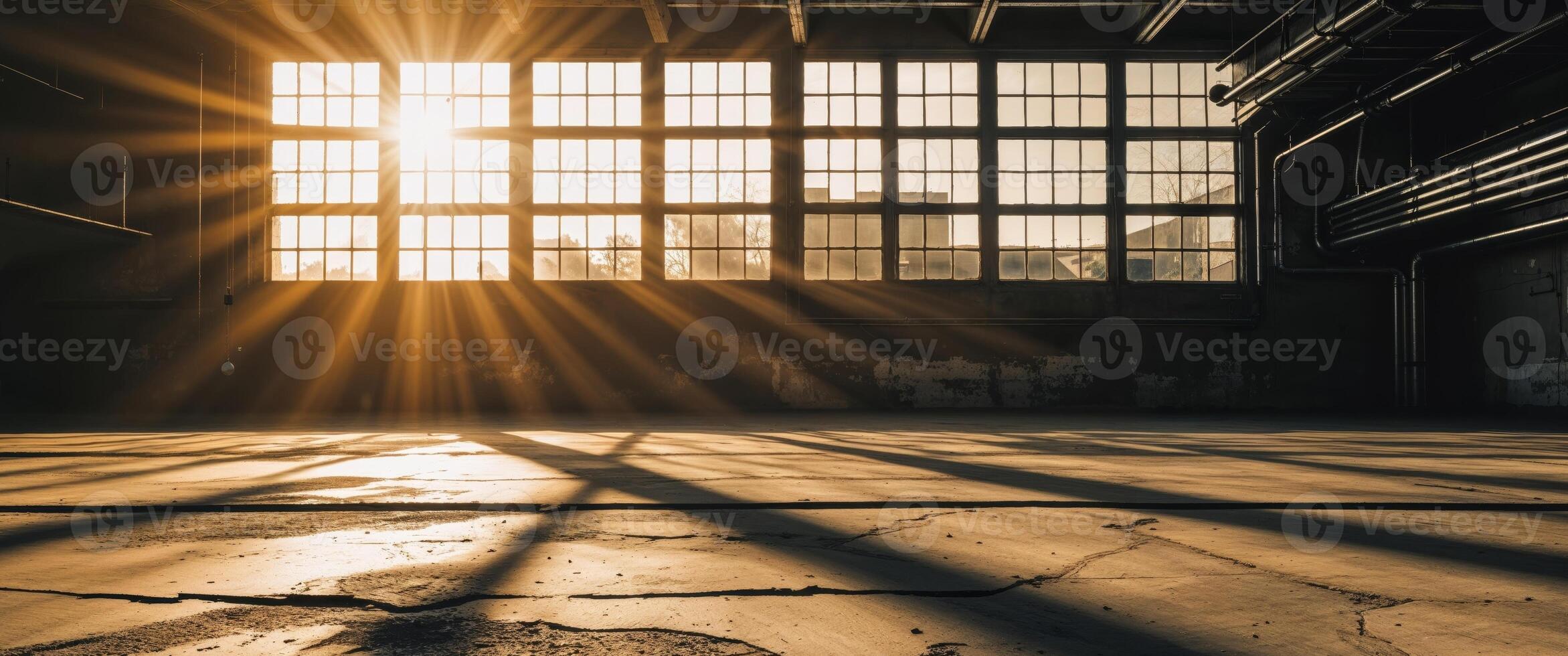 Sunlight Streaming Through Industrial Ceiling Windows and Ducts photo
