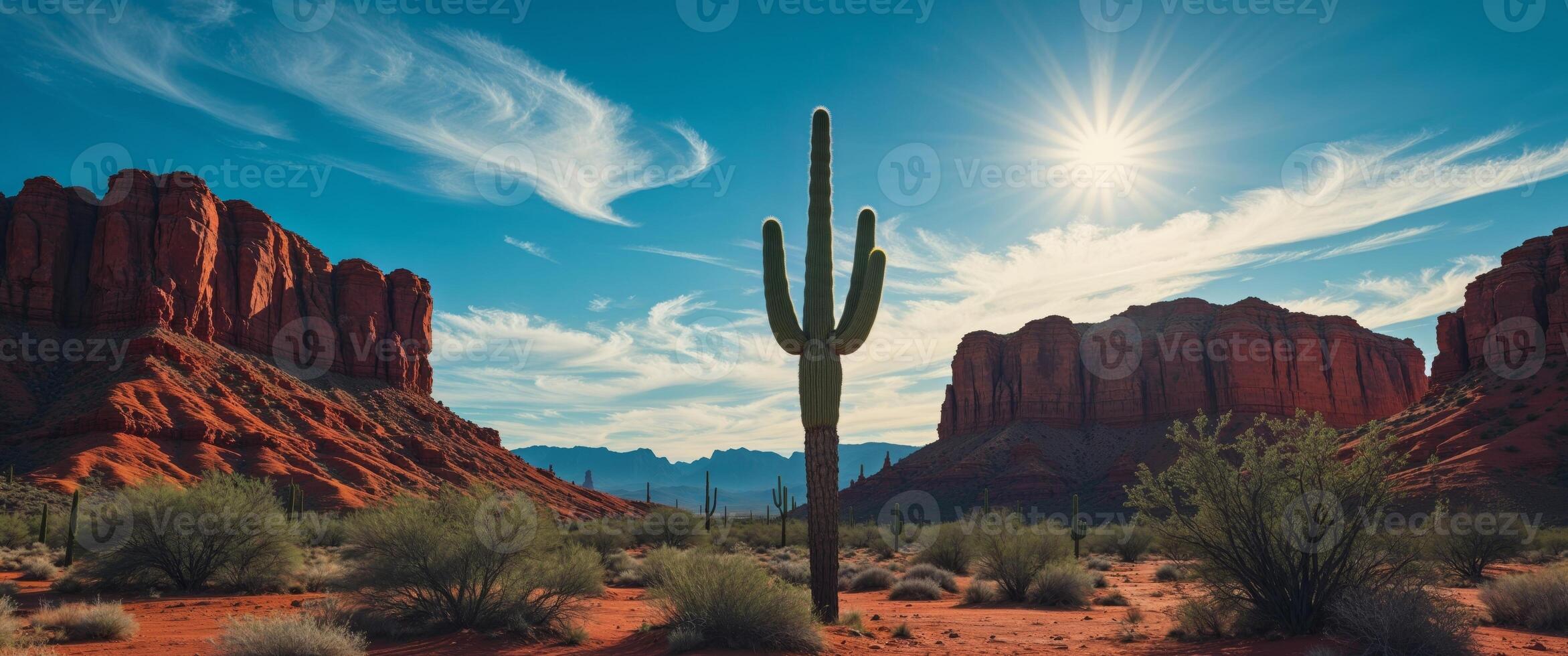 Stunning Desert Landscape with Cactus and Red Rock Formations Under Bright Sun photo