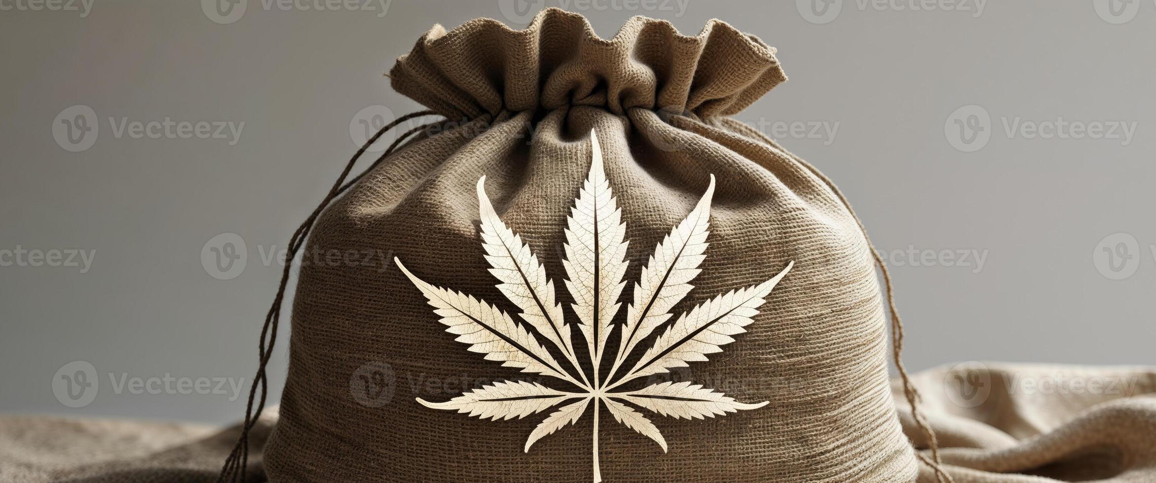 Burlap sack featuring a large hemp leaf design photo