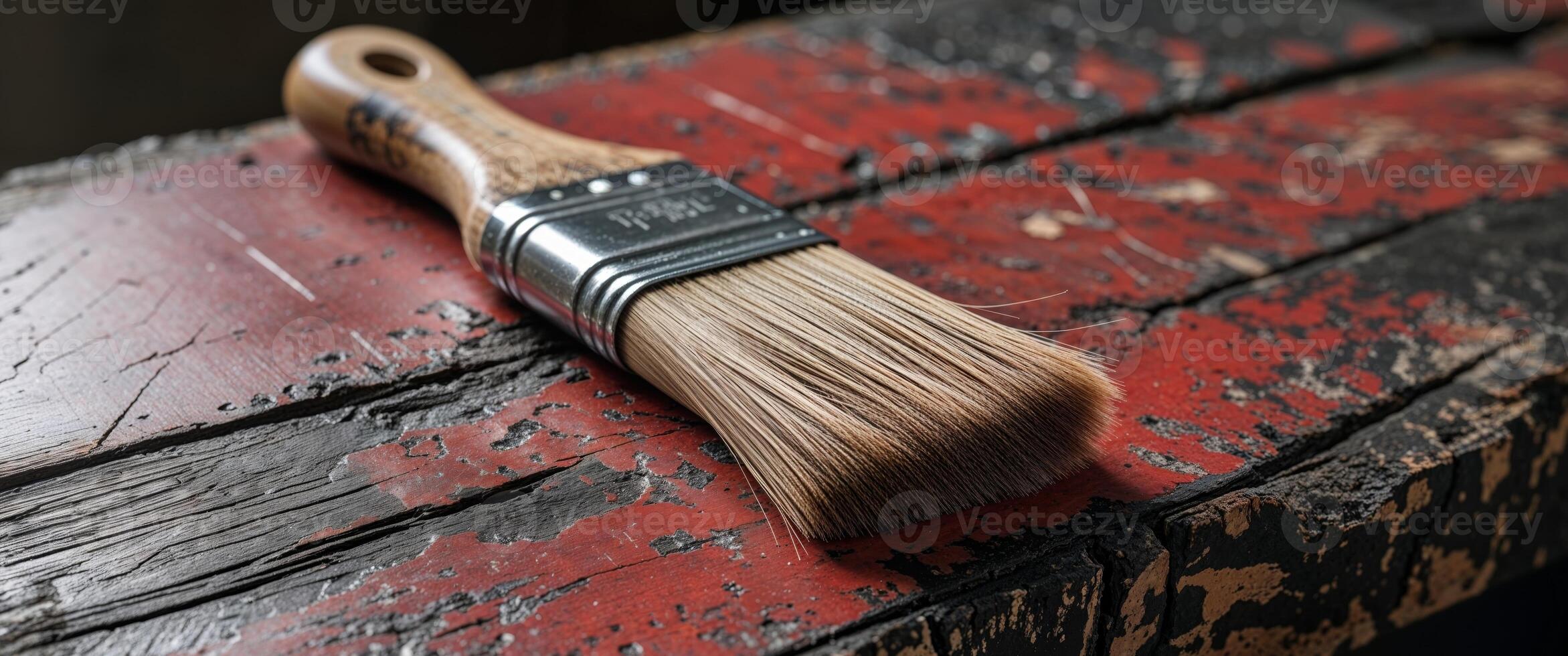 Artisan brush resting on a weathered red and black wooden surface showing strokes and texture. photo