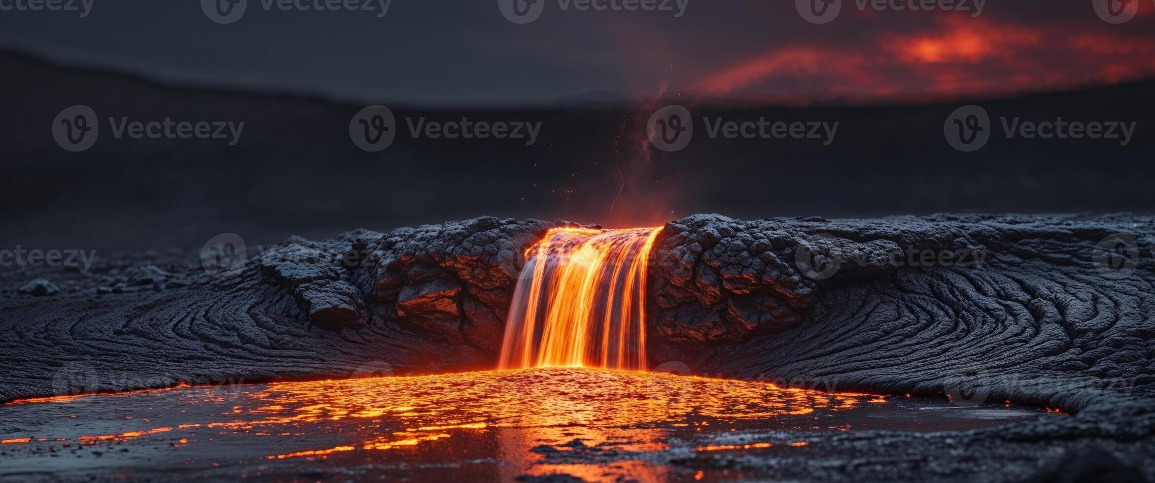Flowing Lava Stream Creating Stunning Natural Landscape on Volcanic Rock Surface with Glowing Light. photo
