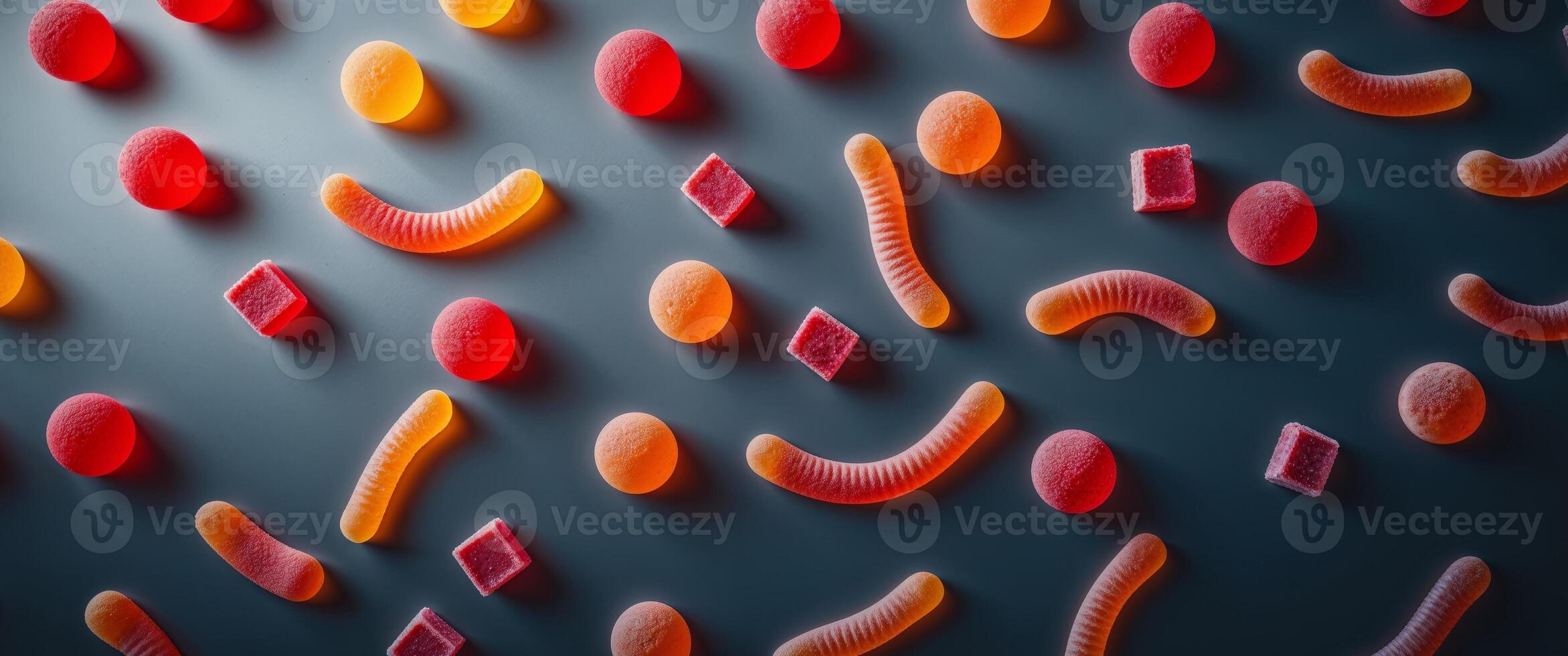 Assorted Red and Orange Gummy Candies Top View Colorful Jelly Sweets Mix on Dark Background photo