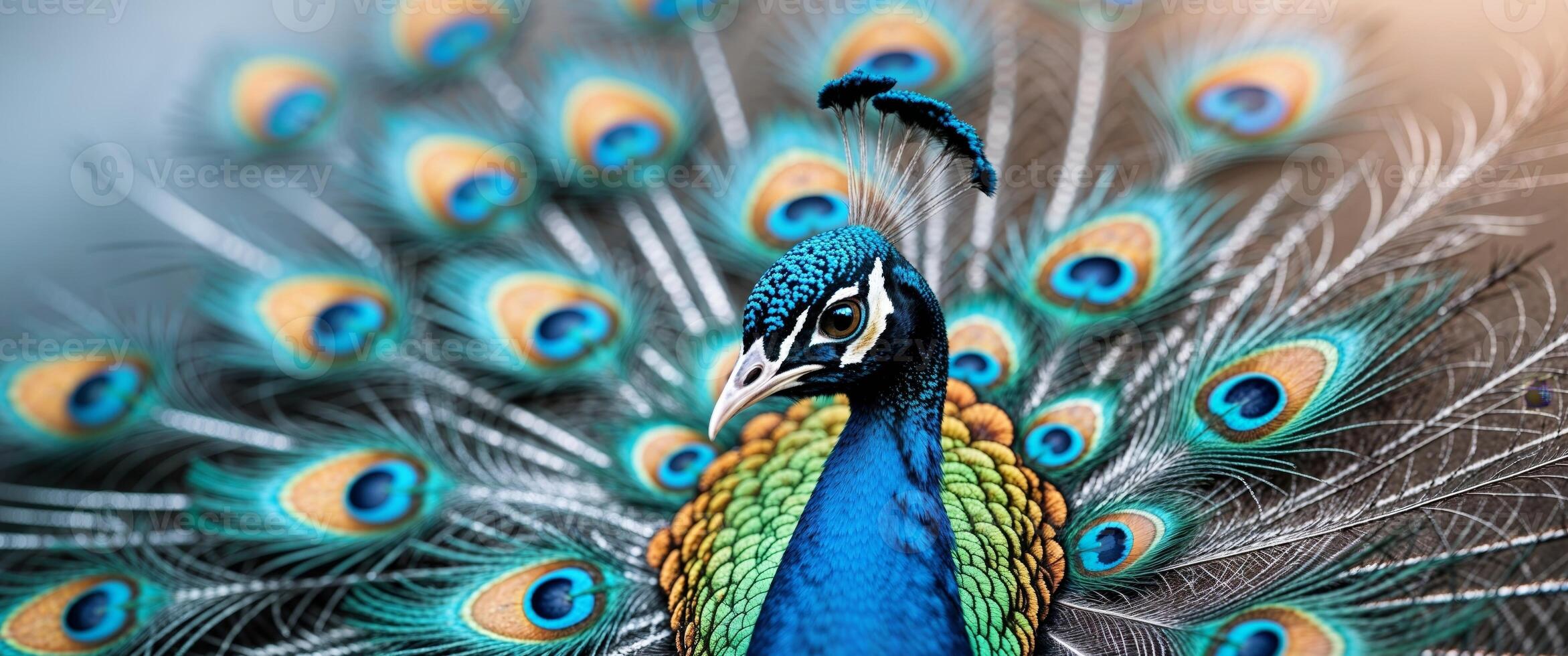 The image shows a close up of a peacock's feathers. photo