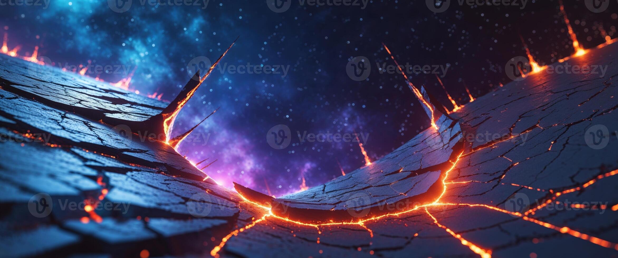 Earth's crust glowing with fiery cracks as it falls apart into space. photo
