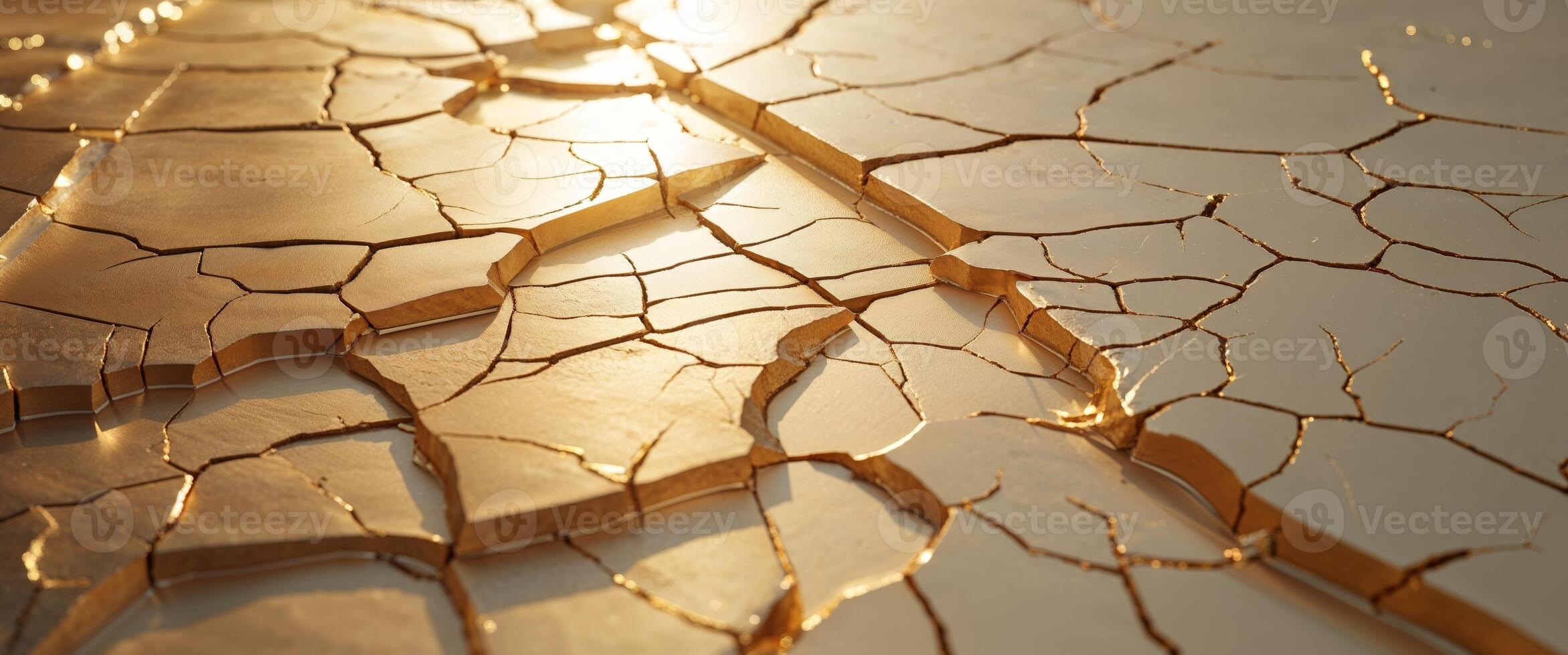 Cracked golden surface shining under warm light. photo