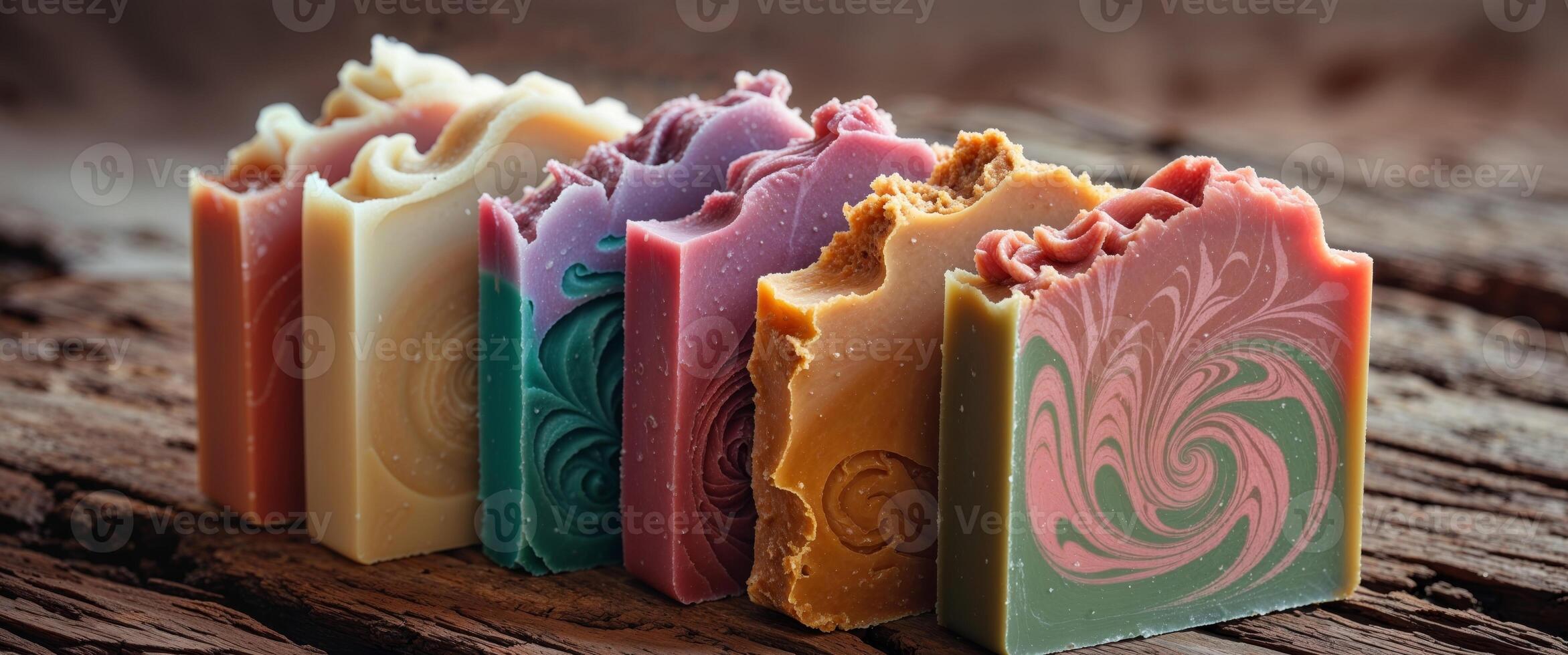 Colorful handmade soap bars with swirls and textures on a rustic wooden surface photo