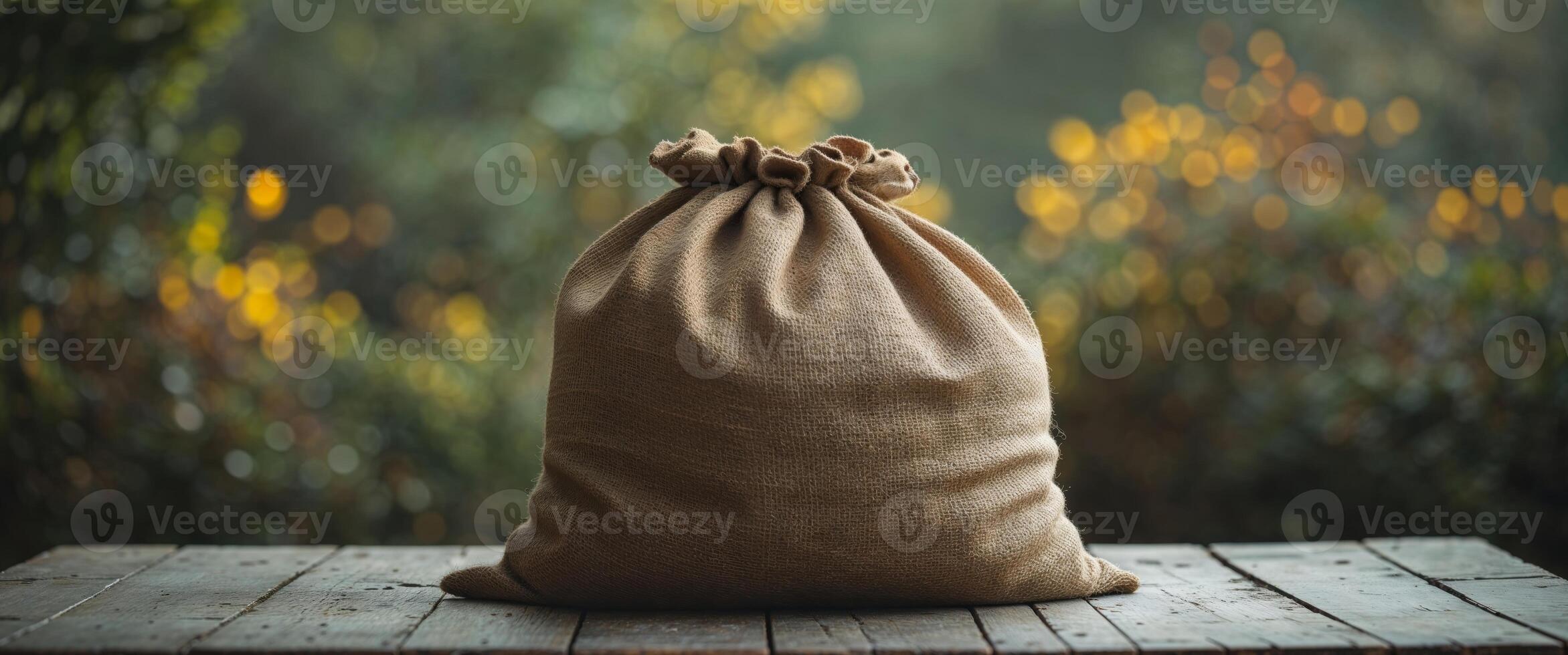 Burlap sack on wooden table with green foliage background photo