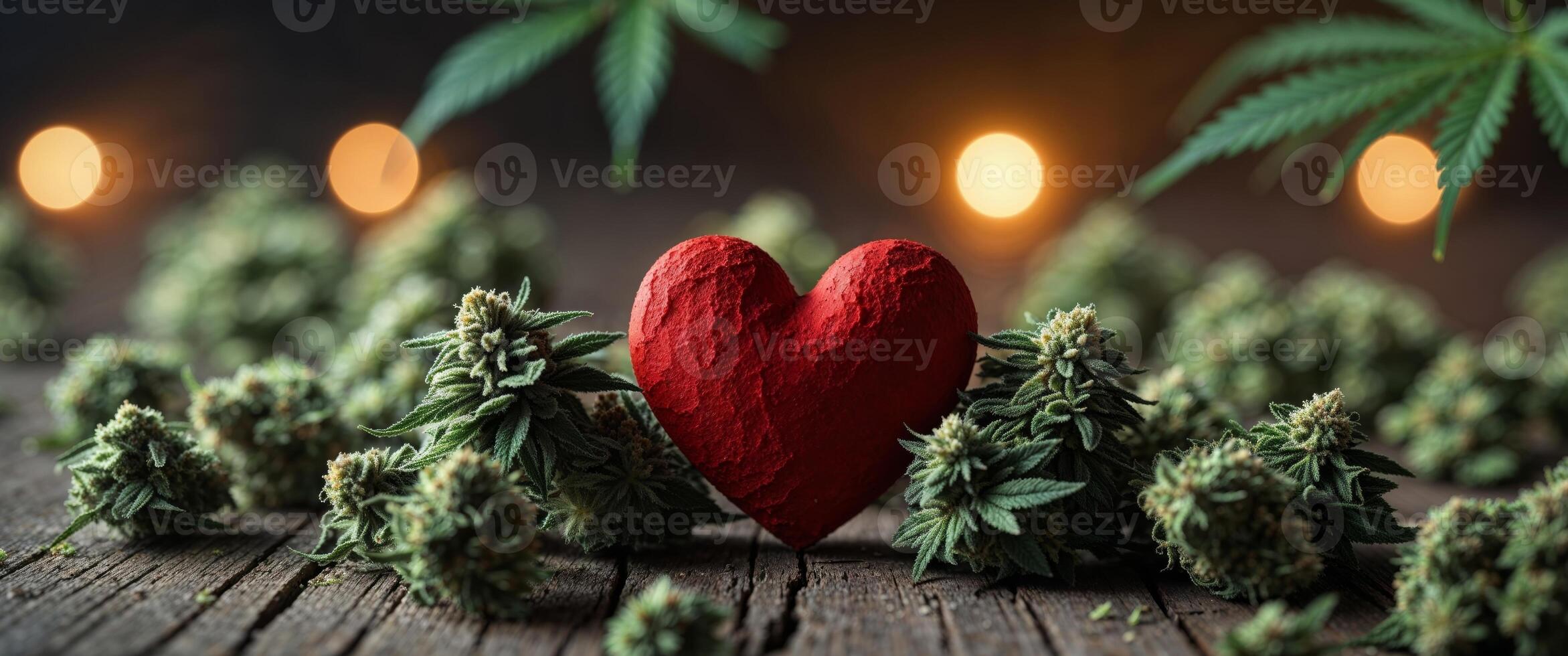 A red heart placed among cannabis buds on a wooden surface with soft glowing lights in the background creating a warm and cozy scene. photo