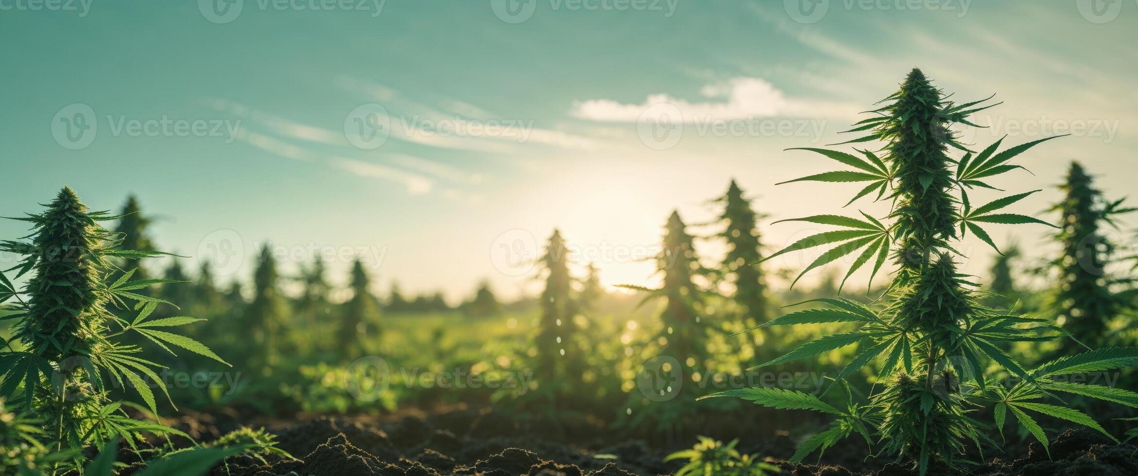 Marijuana plants in a field with the sun in the background photo