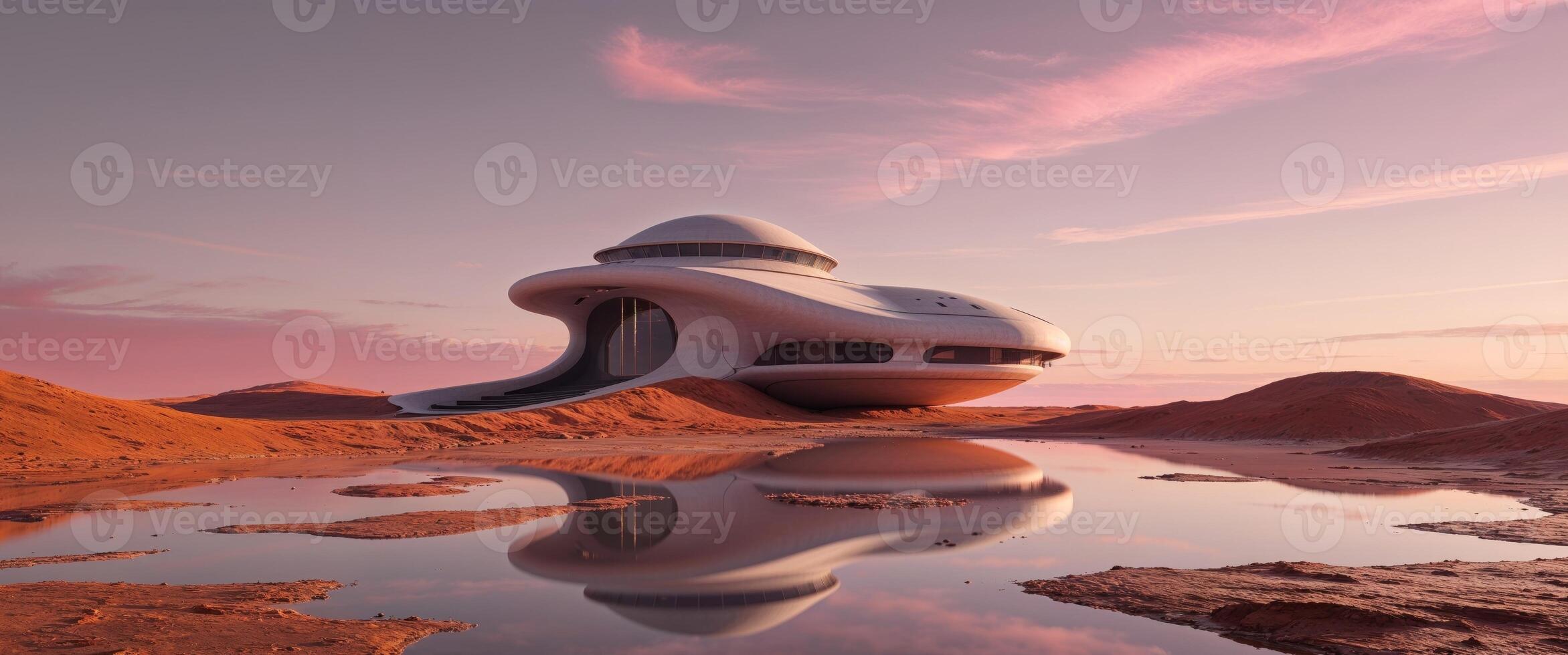 A futuristic house on the desert with a reflection photo