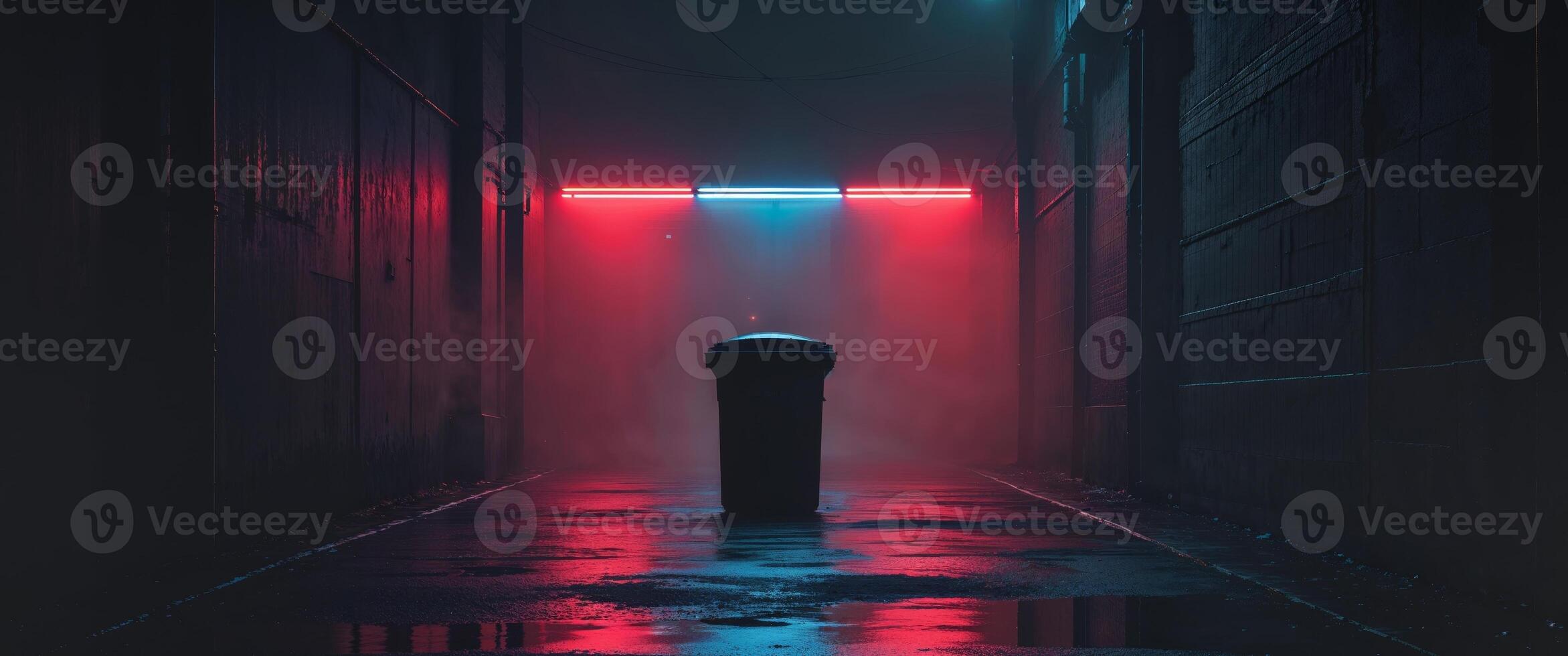 A red and blue neon light is shining in the dark photo
