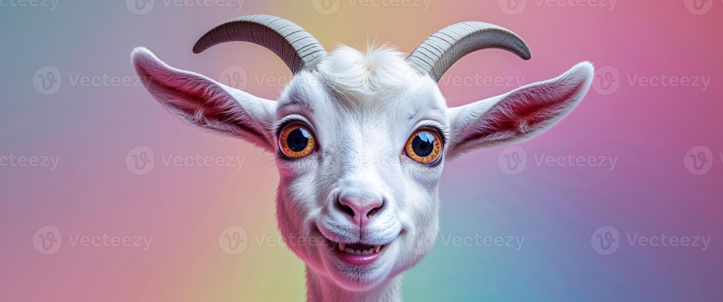 A goat with big eyes and big horns photo