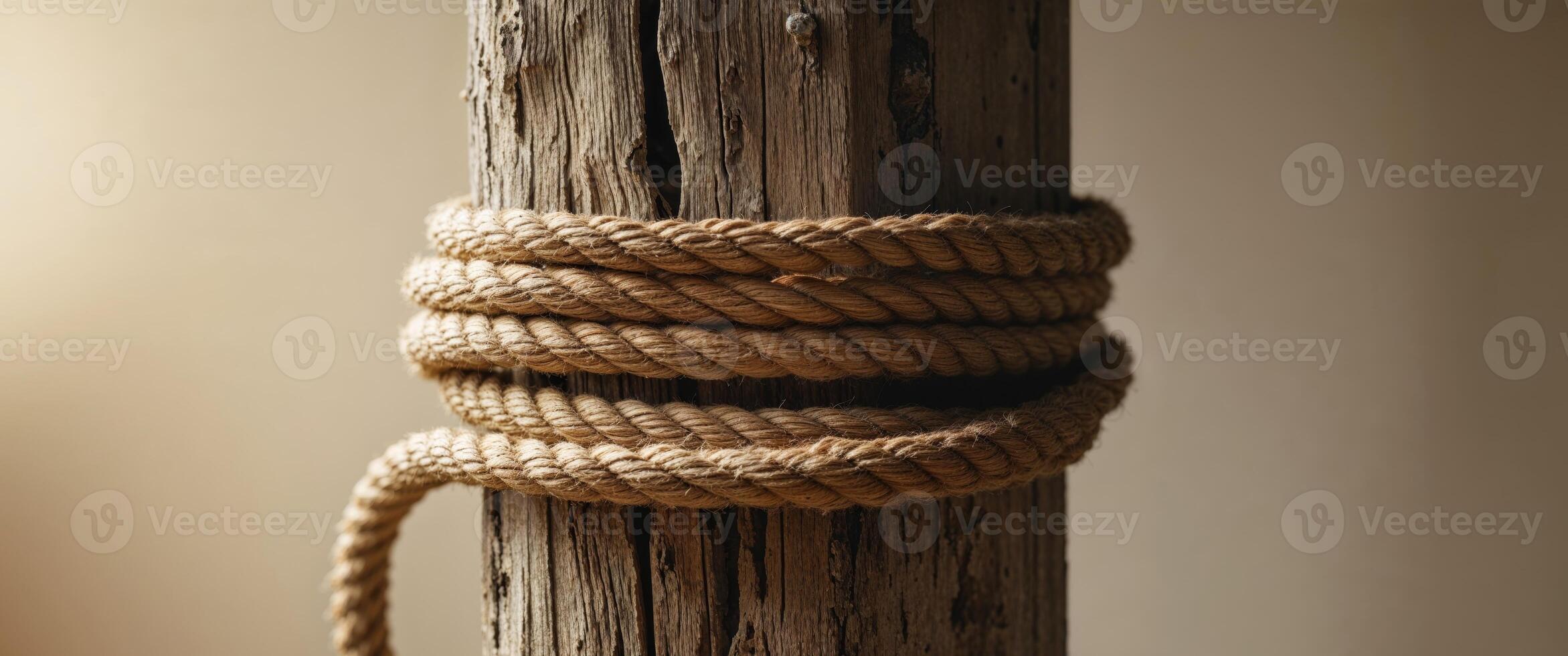 A rope tied to a wooden post photo