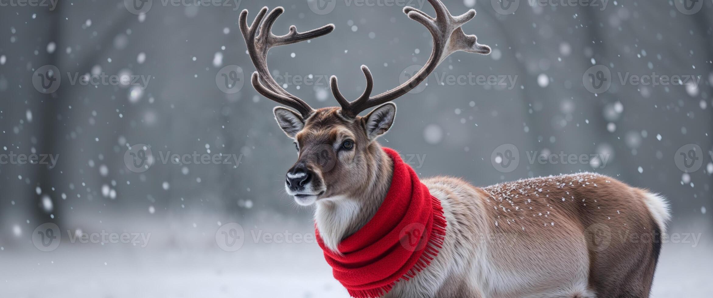 A reindeer wearing a red scarf in the snow photo