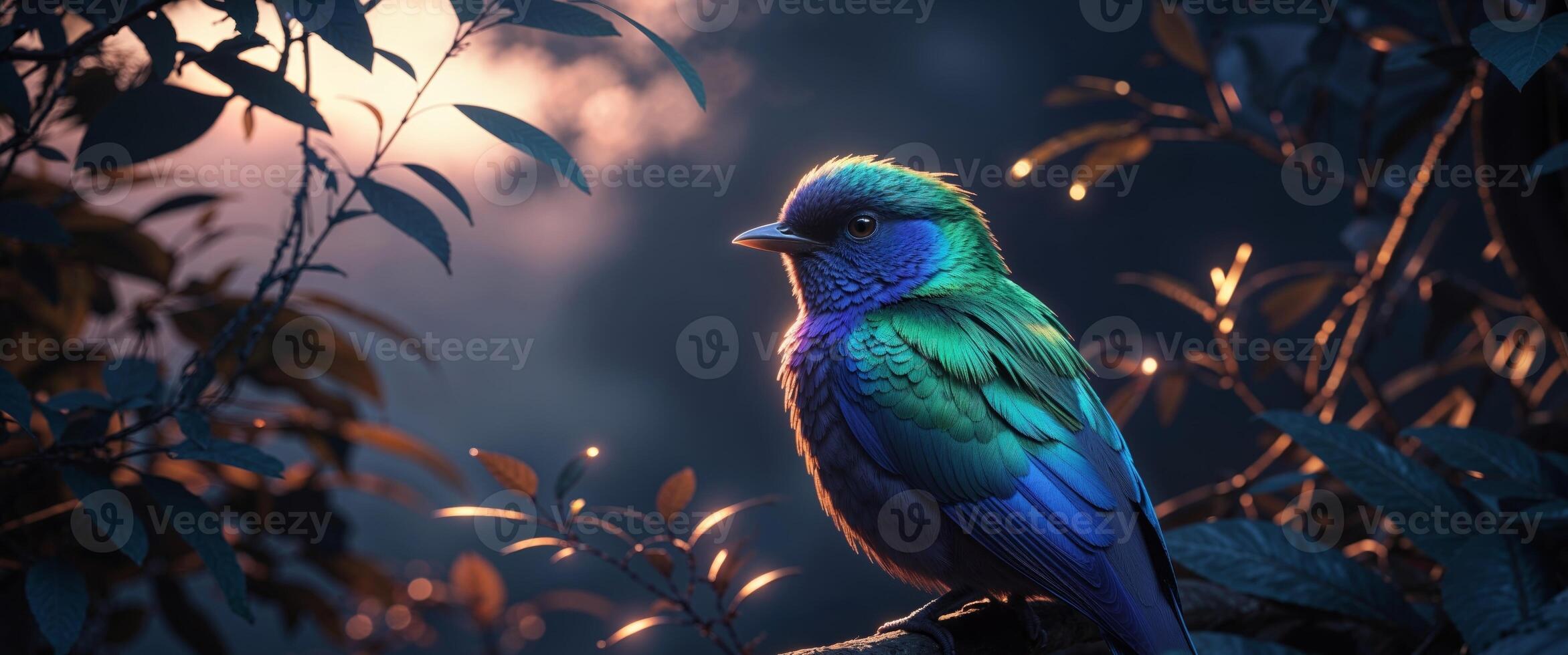 A colorful bird is sitting on a branch in the forest photo