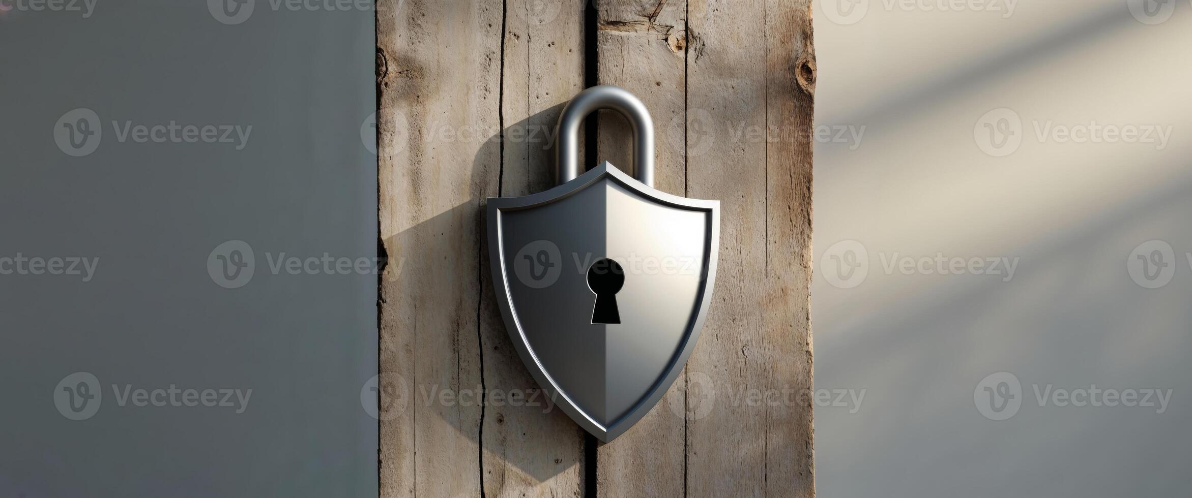 A metal shield with a keyhole on a wooden door photo