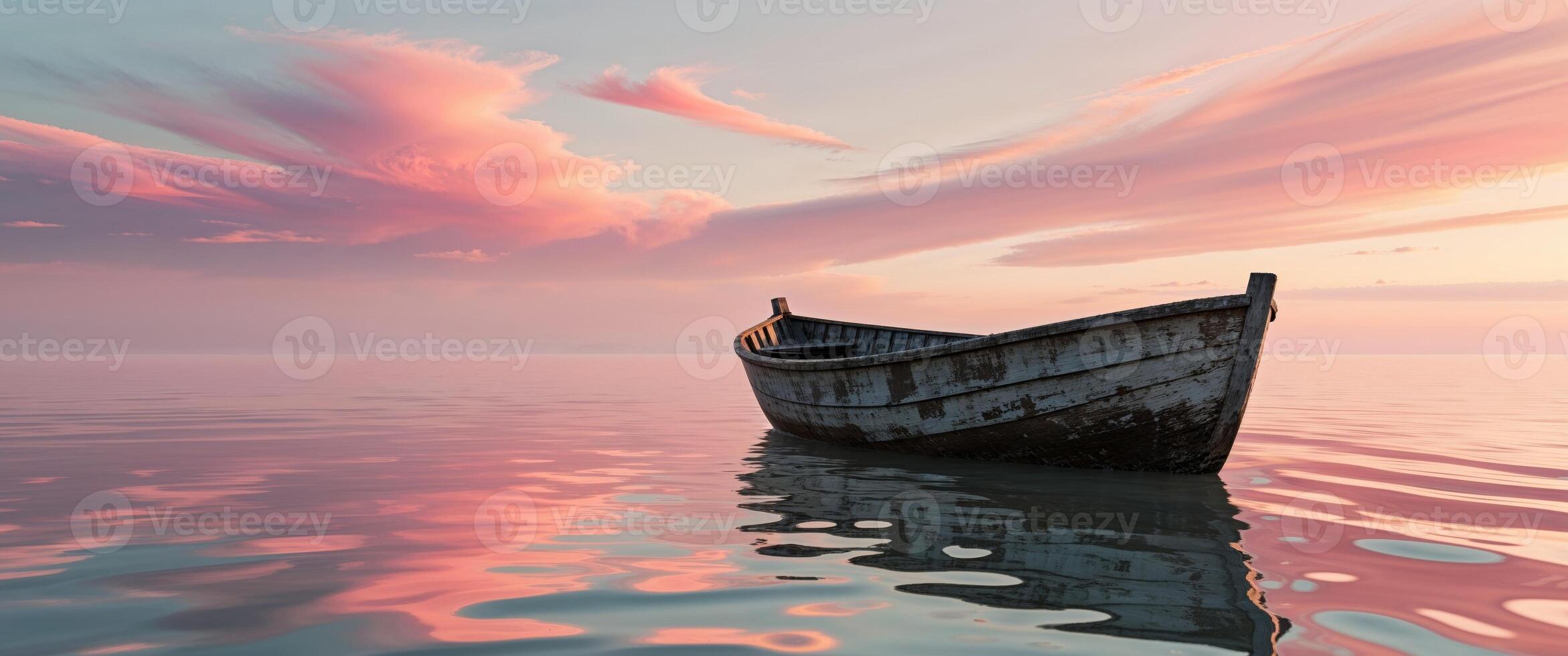 An old boat sitting on the water in front of a pink sky photo