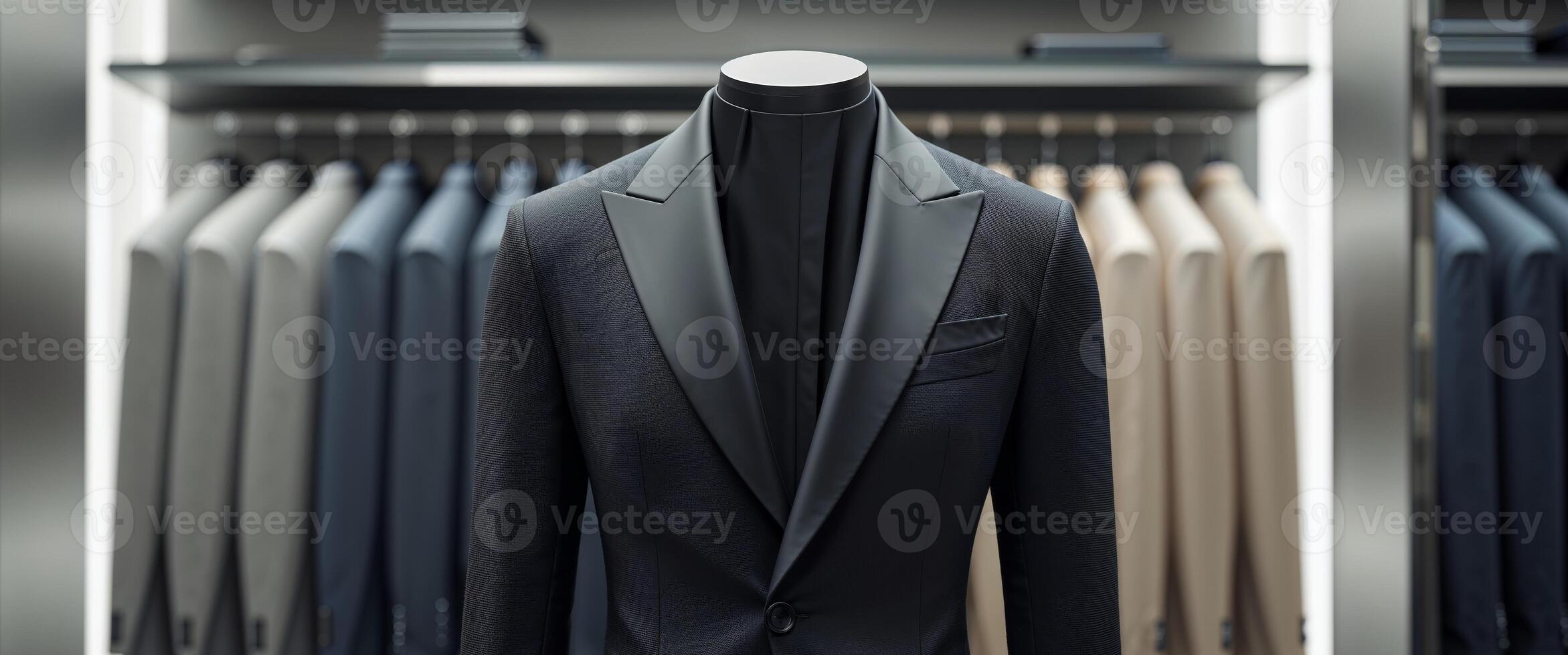 A suit is displayed in a closet with a mannequin photo
