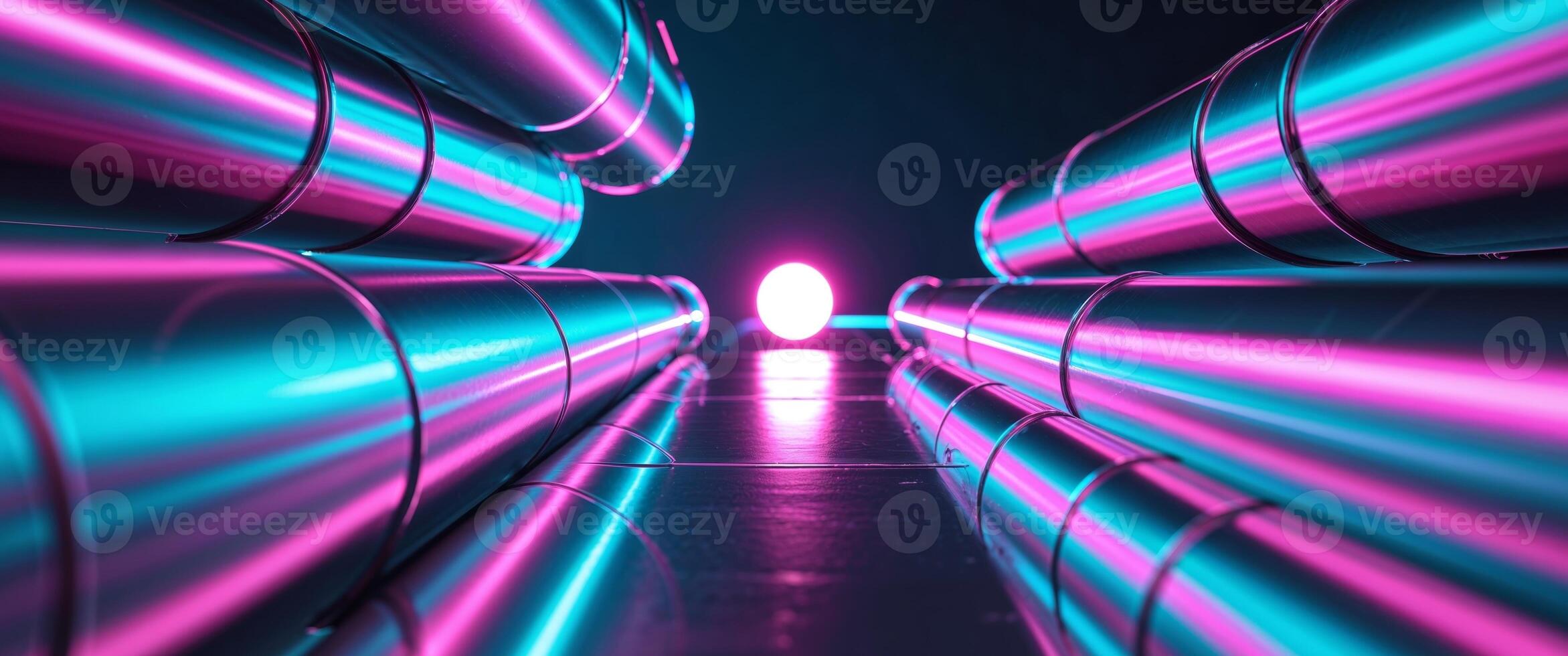 Futuristic neon light reflections on metallic pipes for modern design aesthetics photo