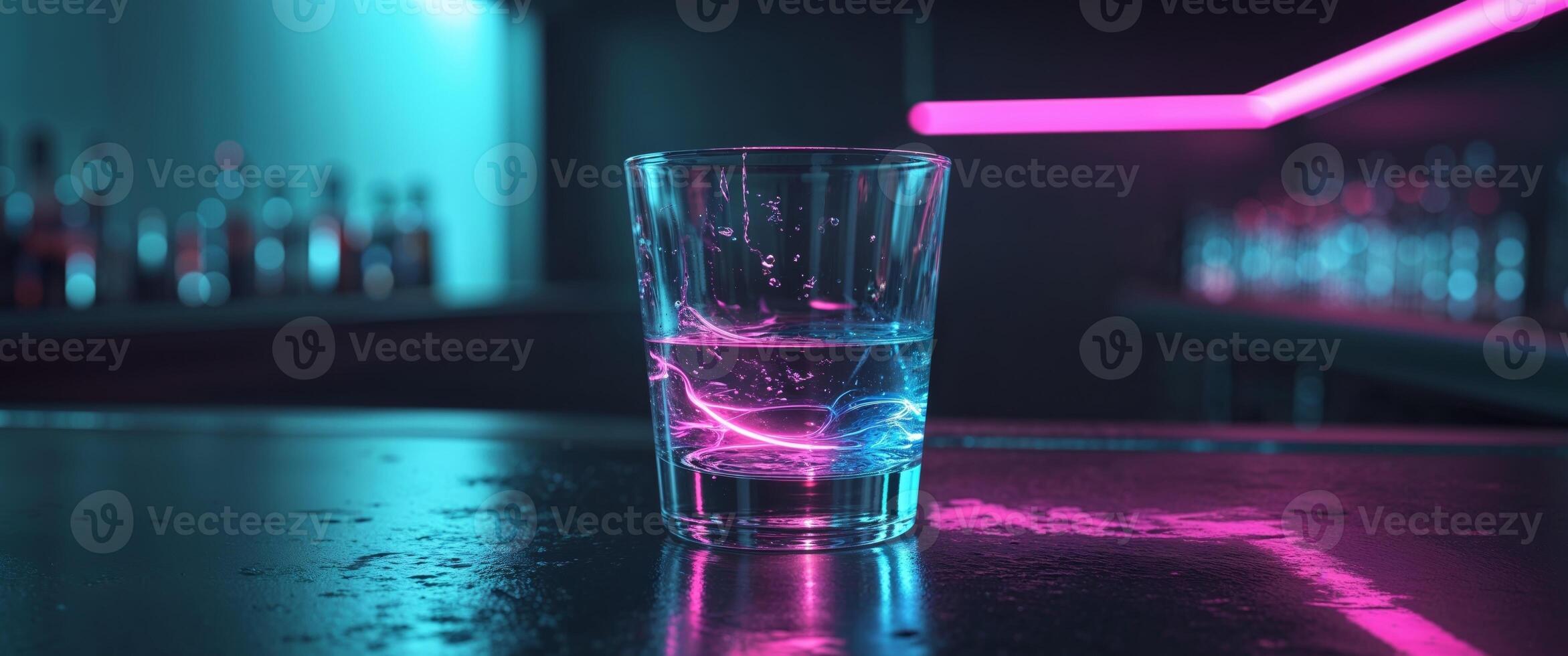 Cyberpunk Glass of Water with Neon Lights Reflection in a Futuristic Bar Setting photo