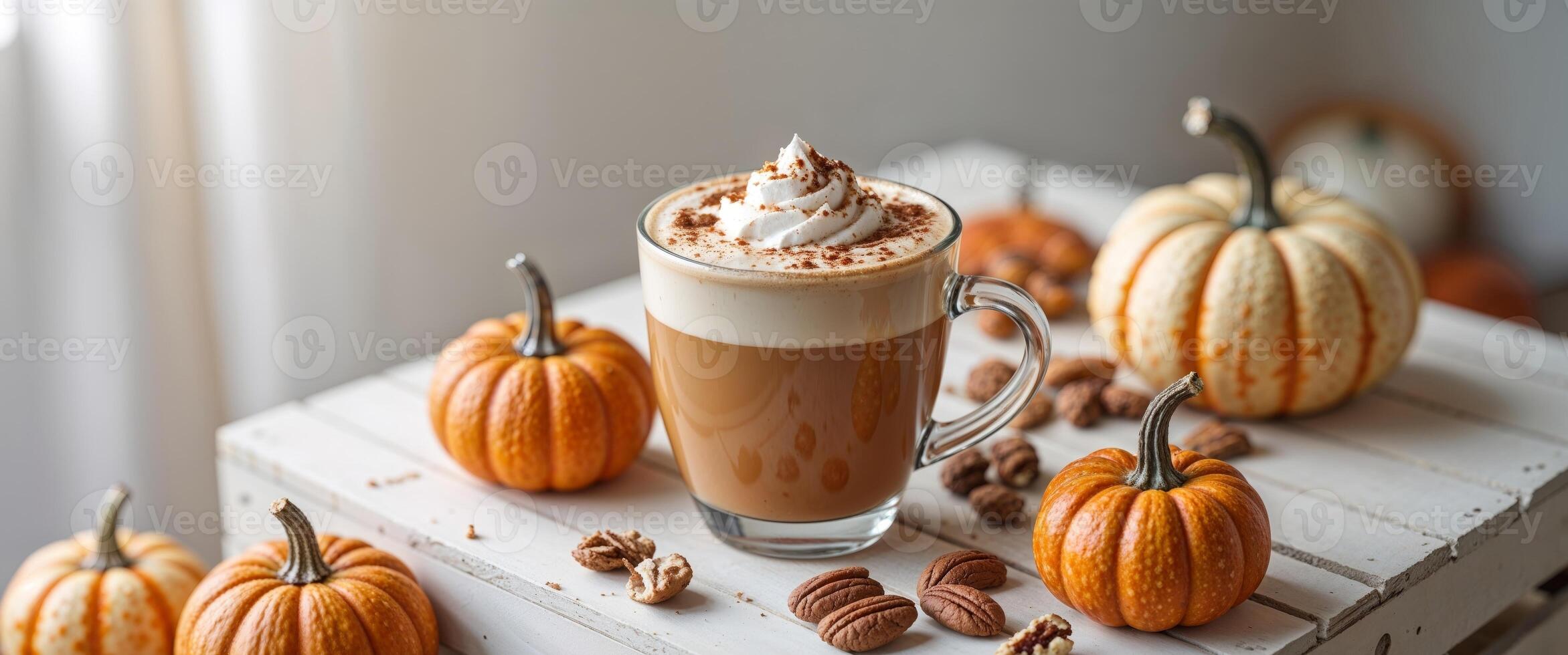 Pumpkin Spice Latte with Mini Pumpkins and Nuts. photo