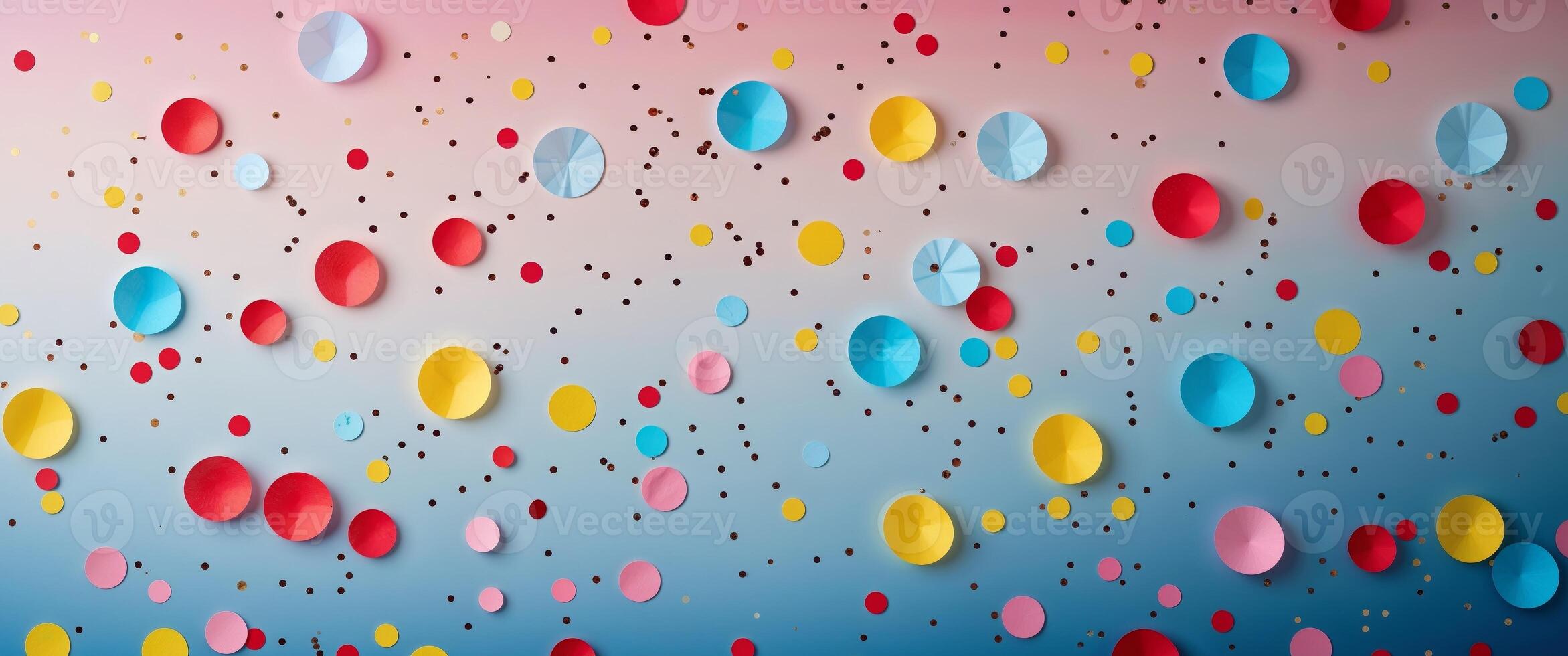 Colorful confetti and paper circles scatter across a gradient background. photo