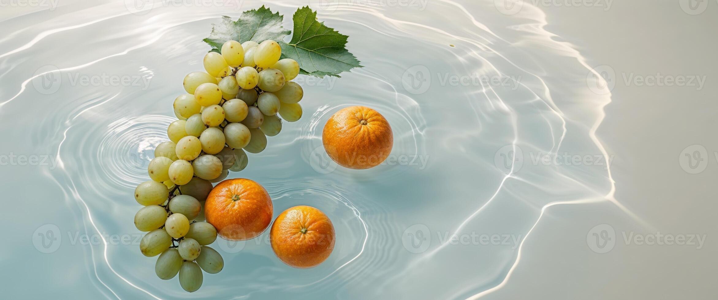 Fresh grapes and oranges submerged in a shallow pool of water with ripples photo