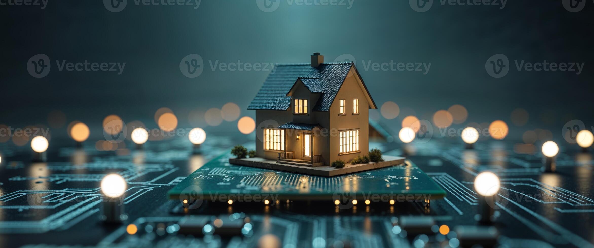 House Model on Circuit Board with Glowing Lights in Dark Setting. photo