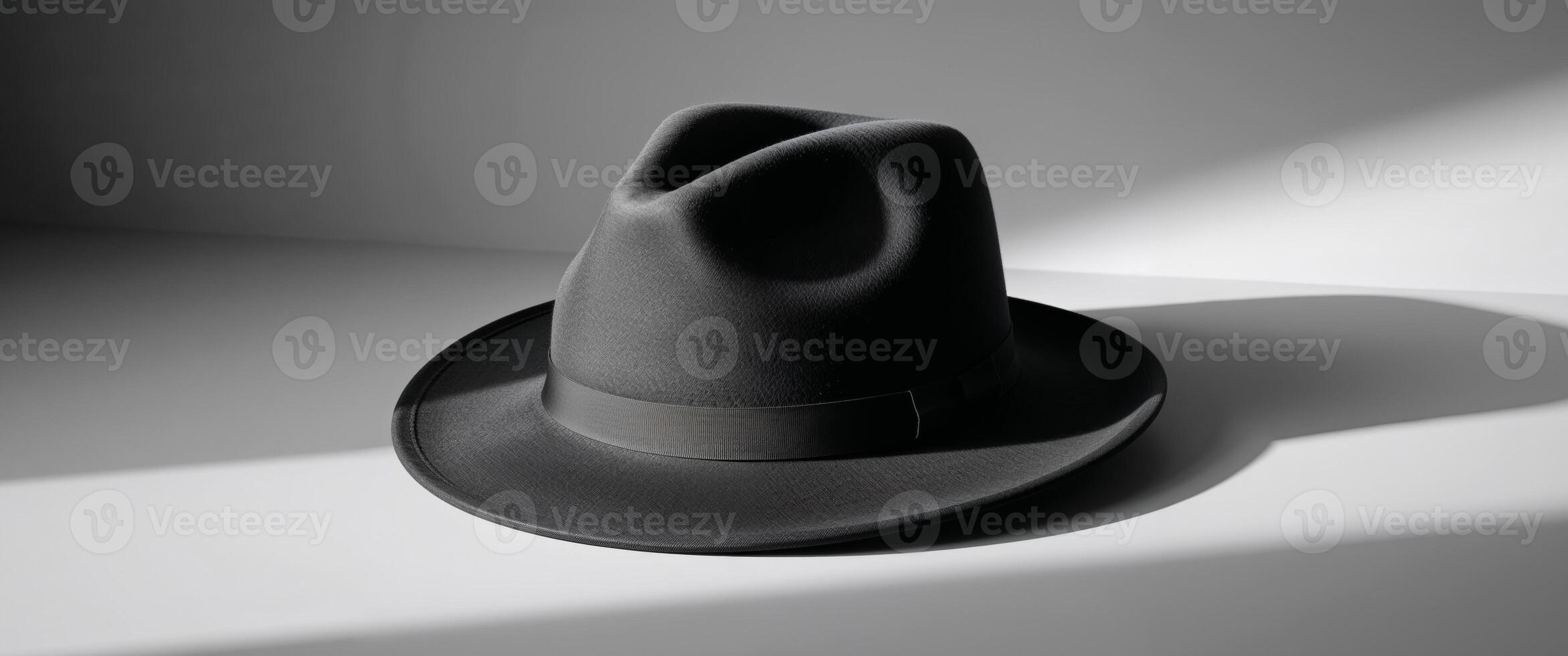 A black hat sitting on a table in front of a window photo