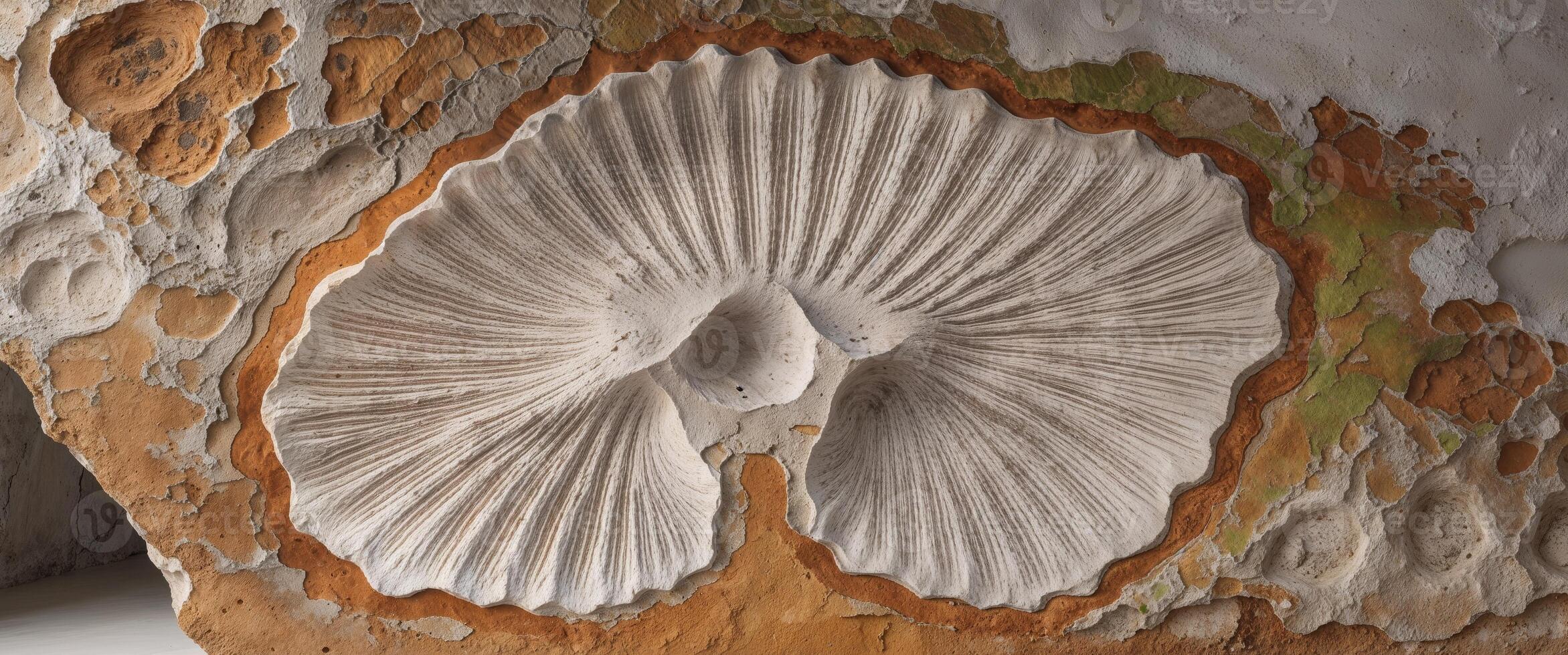 Fossil embedded stone wall background for natural history design. photo