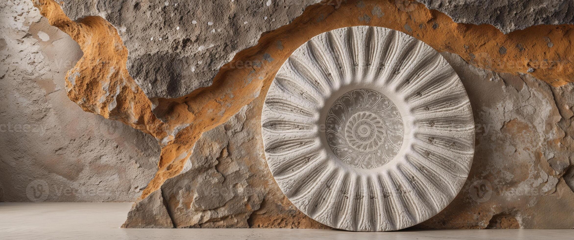 Fossil embedded stone wall background for natural history design photo