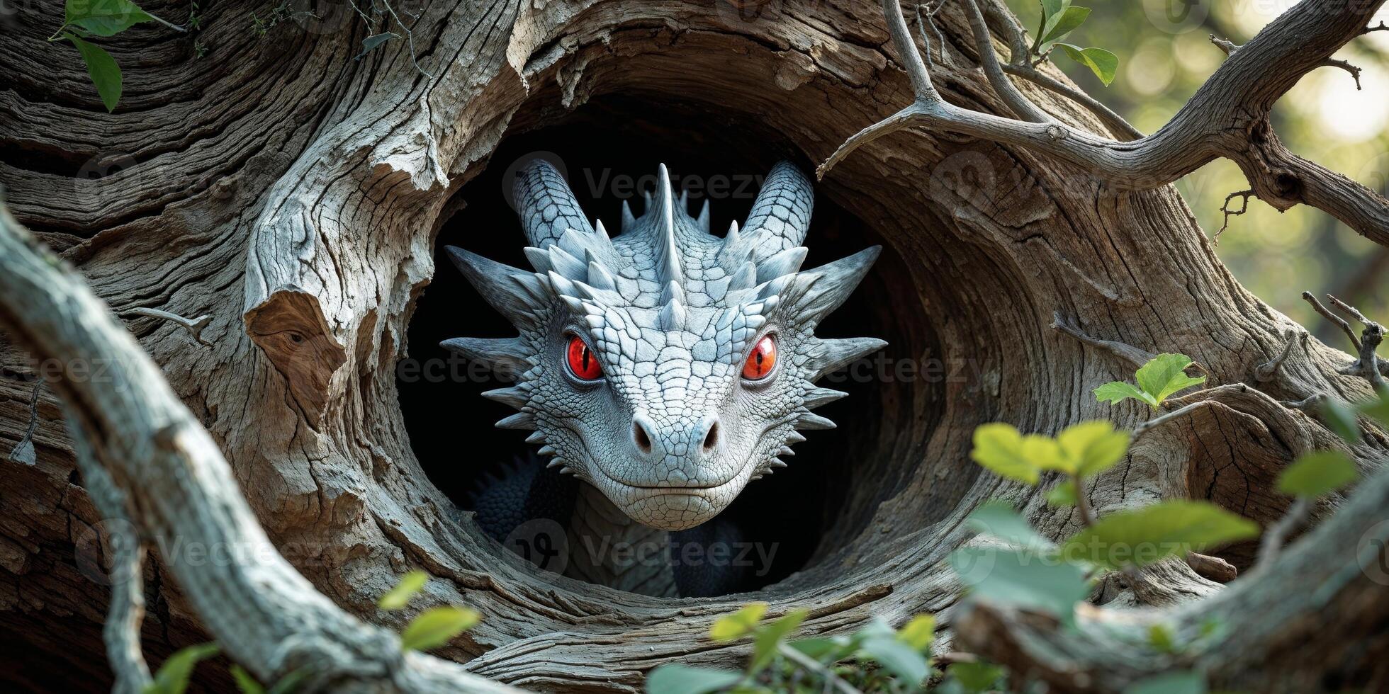Gray Dragon with Red Eyes Hidden in Tree Trunk photo
