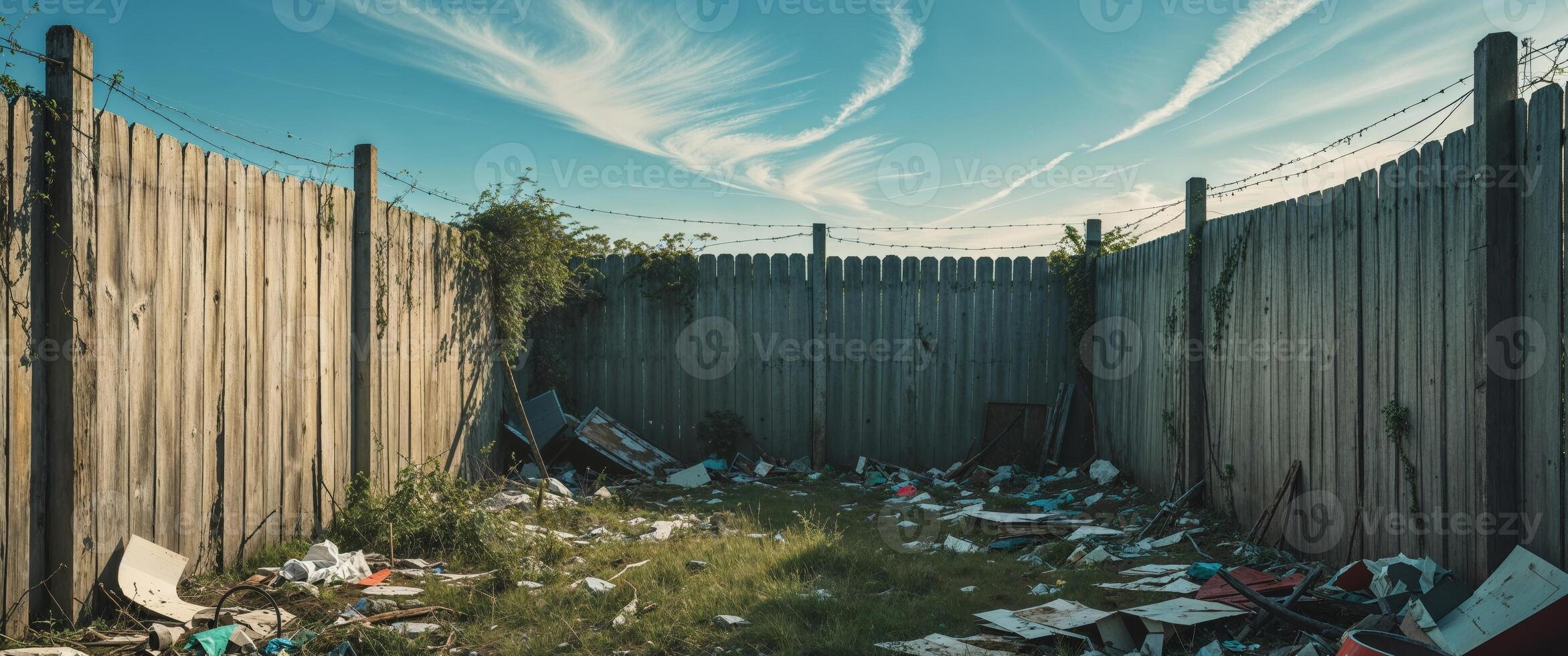 Neglected backyard littered with trash and debris surrounded by wooden fence under clear sky. photo