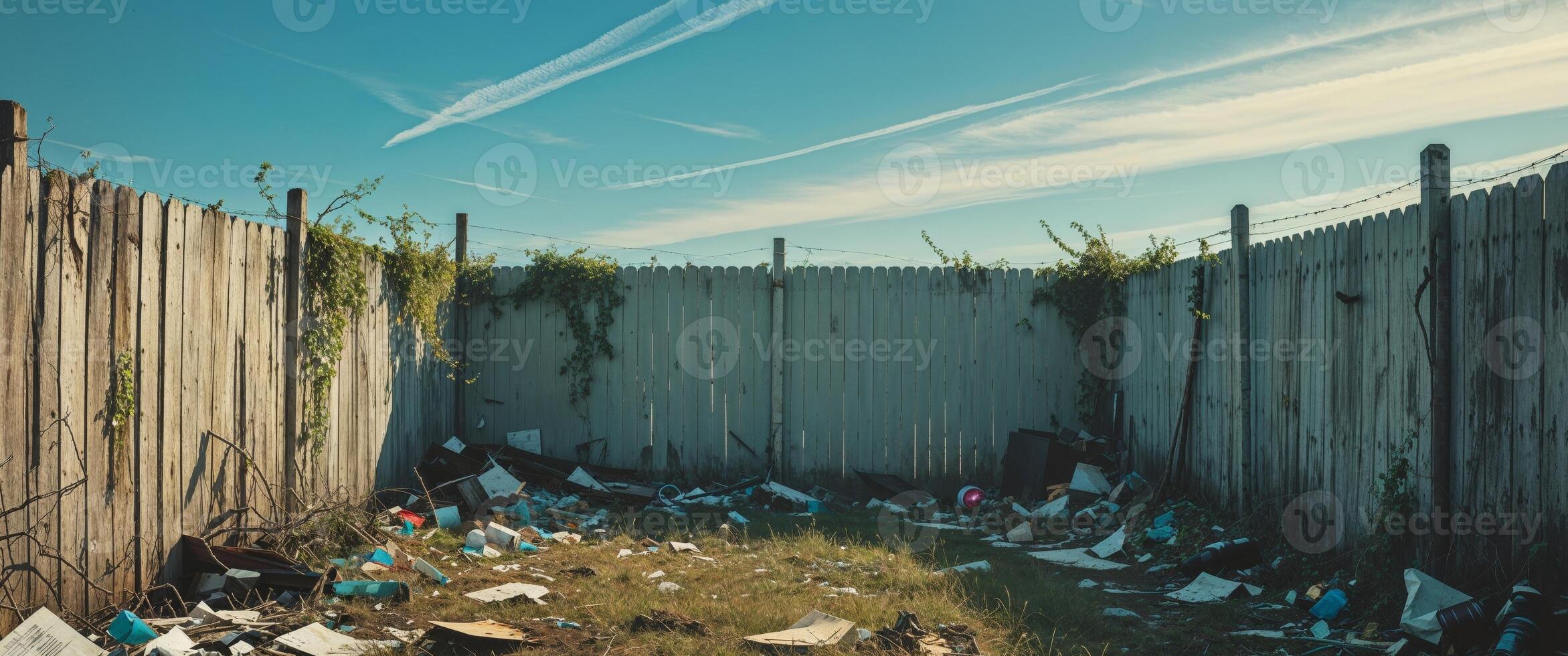 Garbage in a backyard with fence and trash photo