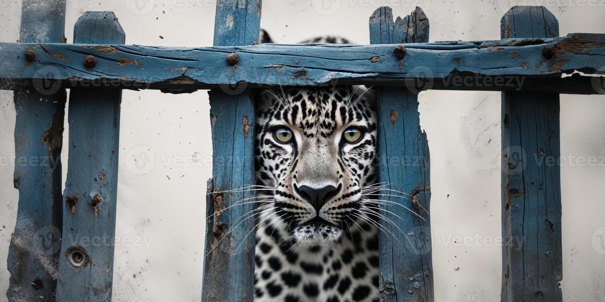 Leopard peeking through a blue fence photo
