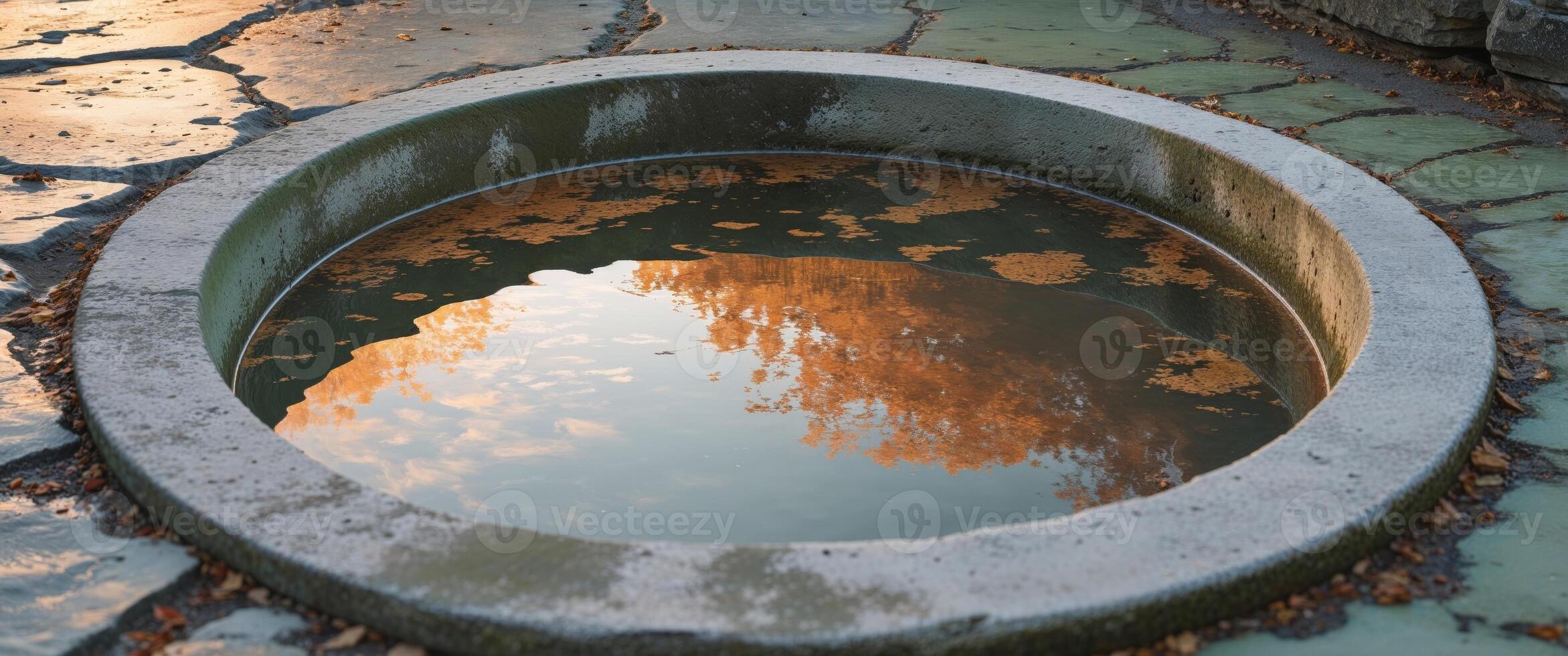 A circular pool with a reflection of a tree photo