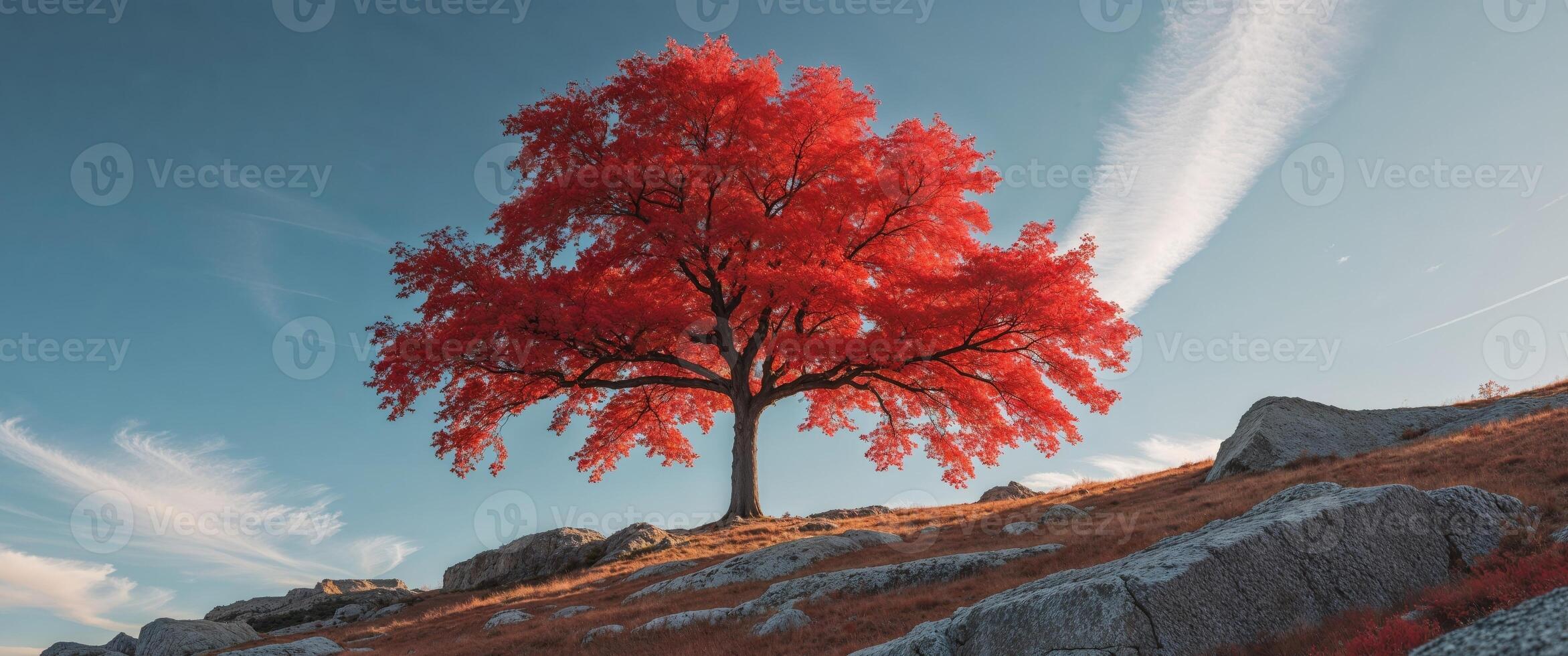 A red tree stands on a hill with rocks photo