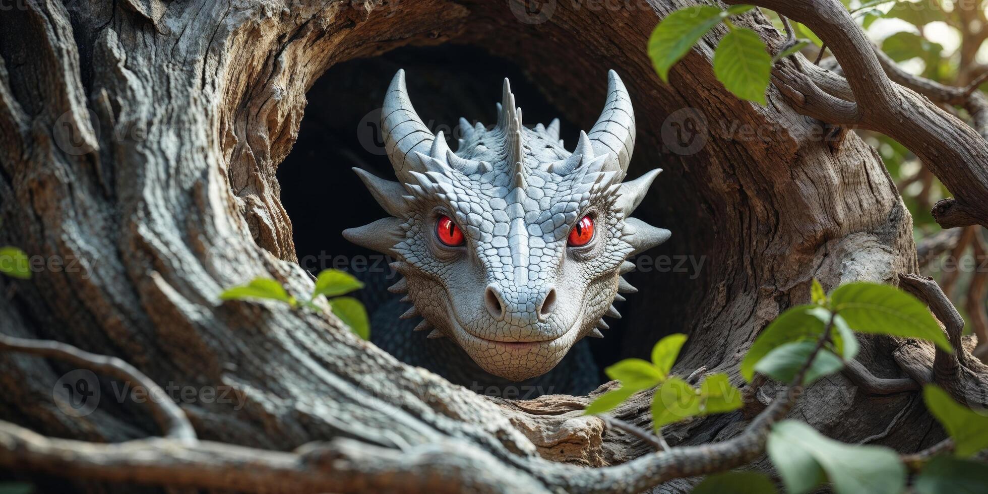 A dragon head is peeking out of a tree photo