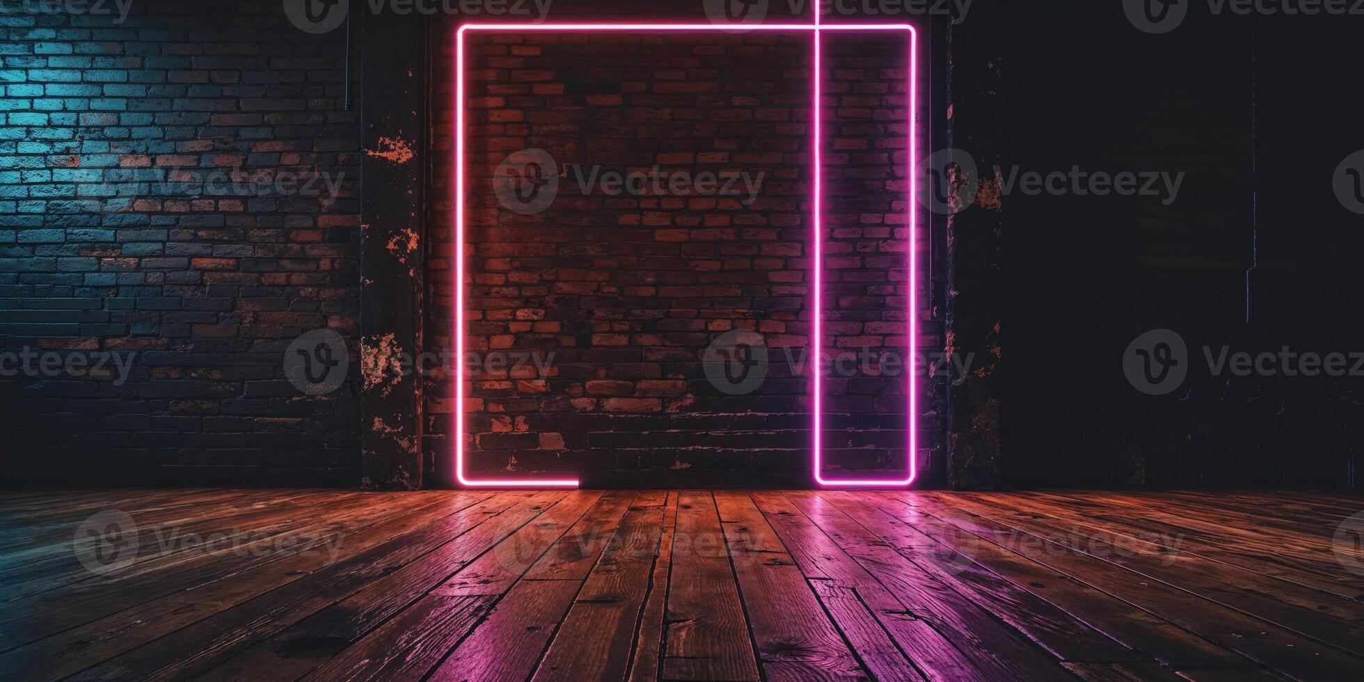 A neon sign in a dark room with a wooden floor photo