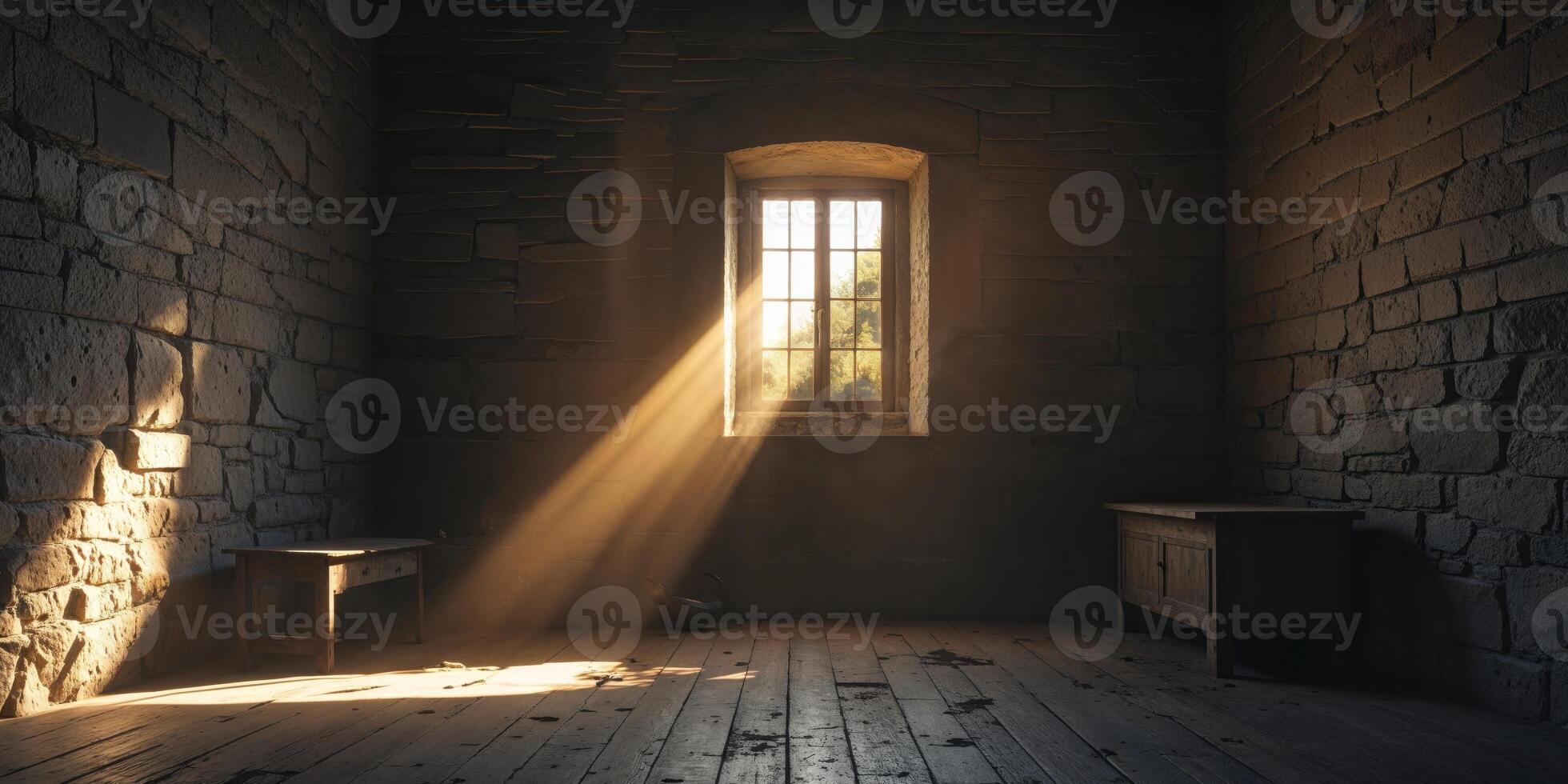 A room with a window and a bench in it photo