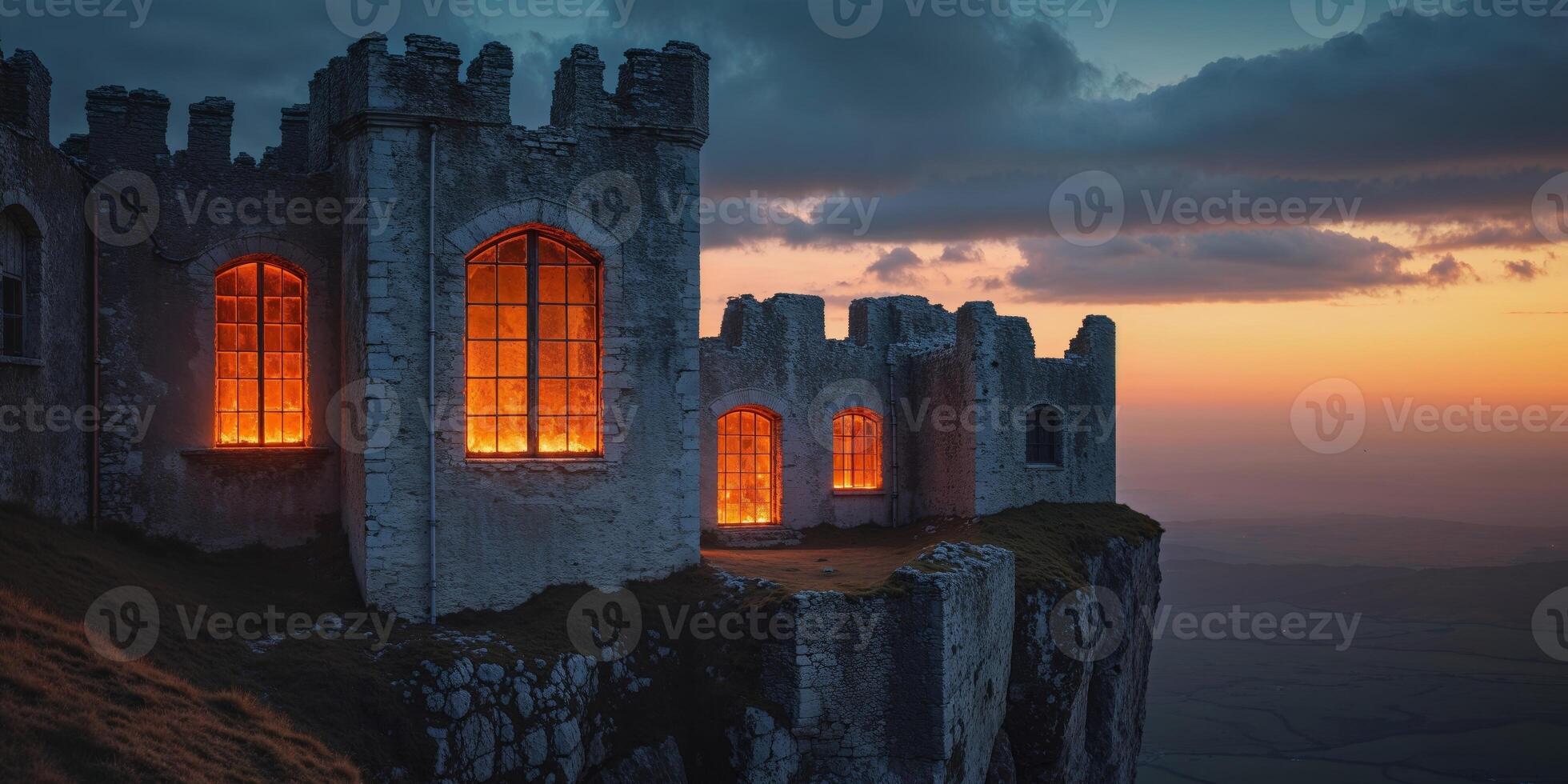 A castle with windows lit up at sunset photo