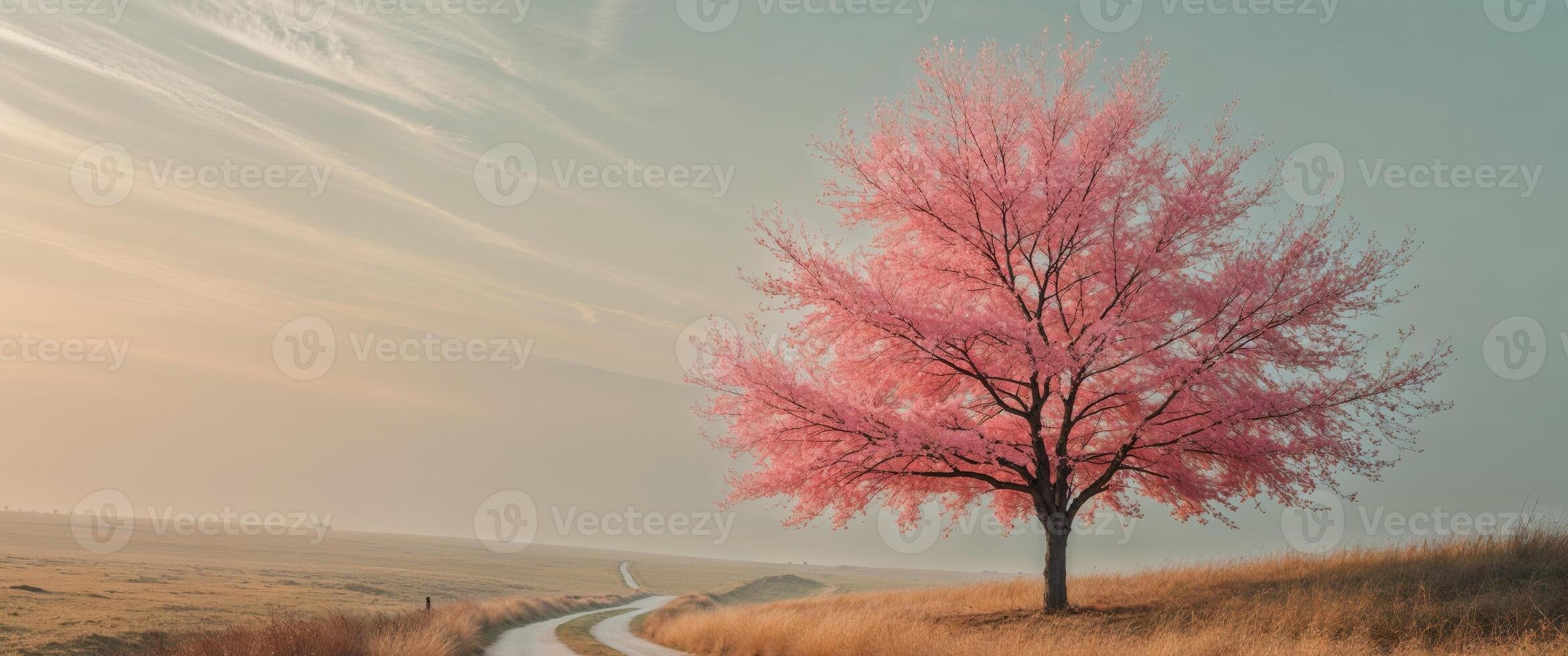 A pink tree stands alone in the middle of a field photo