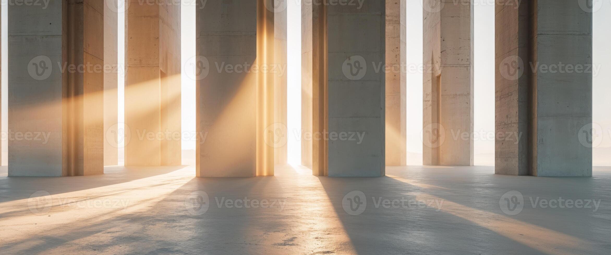 Sunlight shining through pillars in a concrete building photo