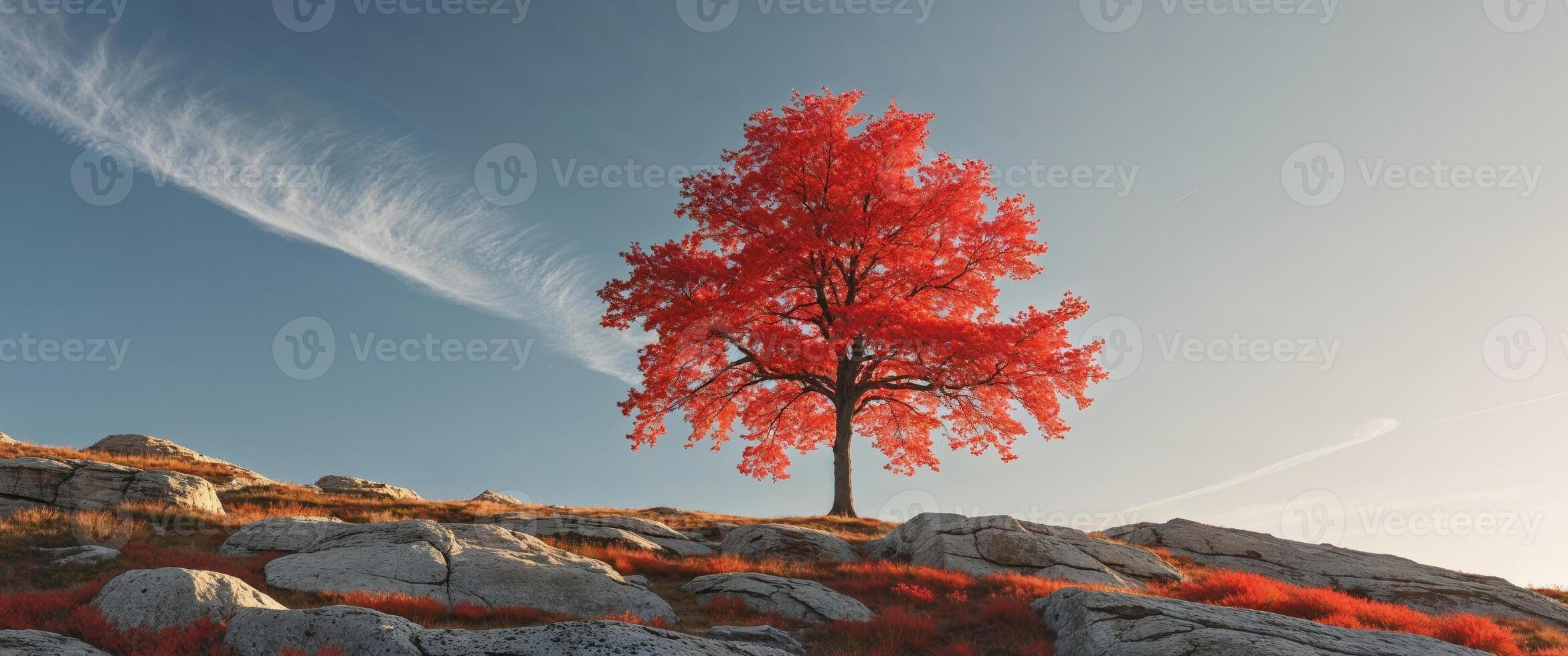 A red tree stands alone on a hill photo