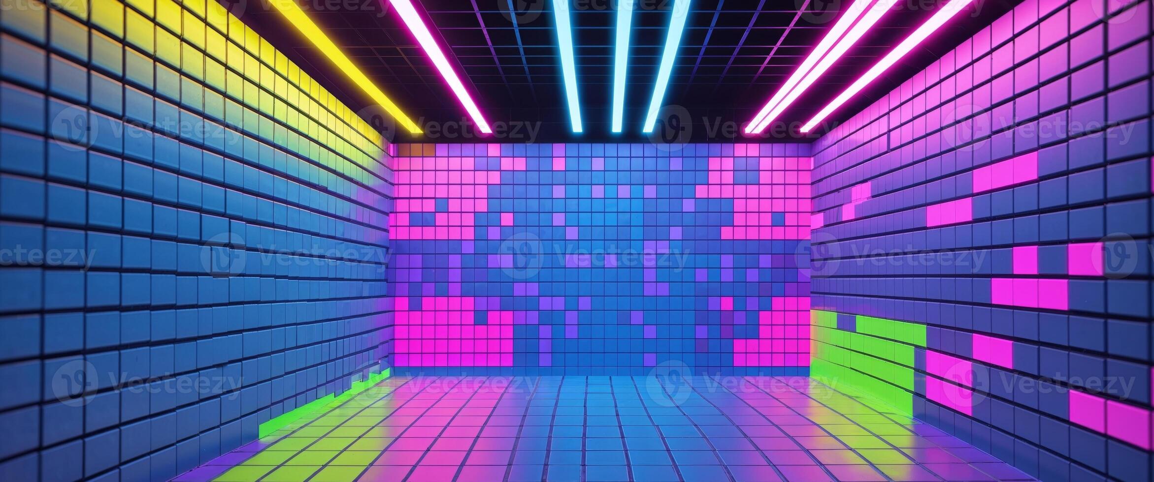 A neon light tunnel with colorful blocks photo