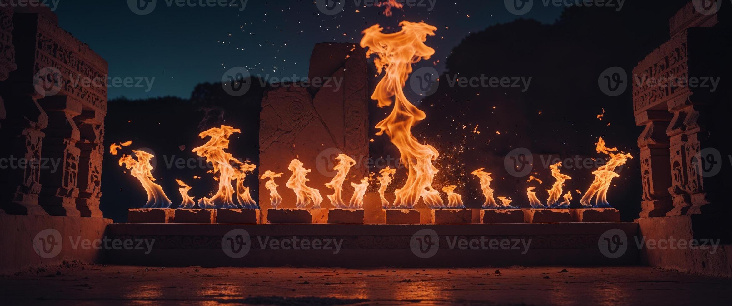 A fire is burning in front of a building photo